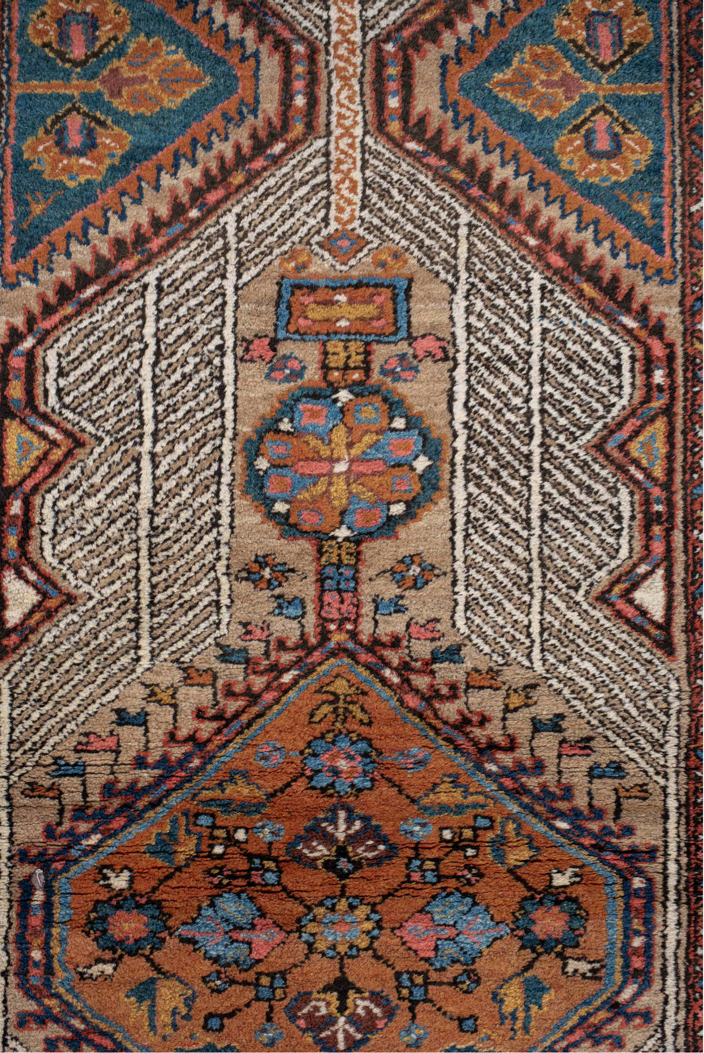 3' x 15' one-of-a-kind handmade vintage Sarab runner rug. Color palette: ivory, rust, indigo, camel, navy, terra cotta