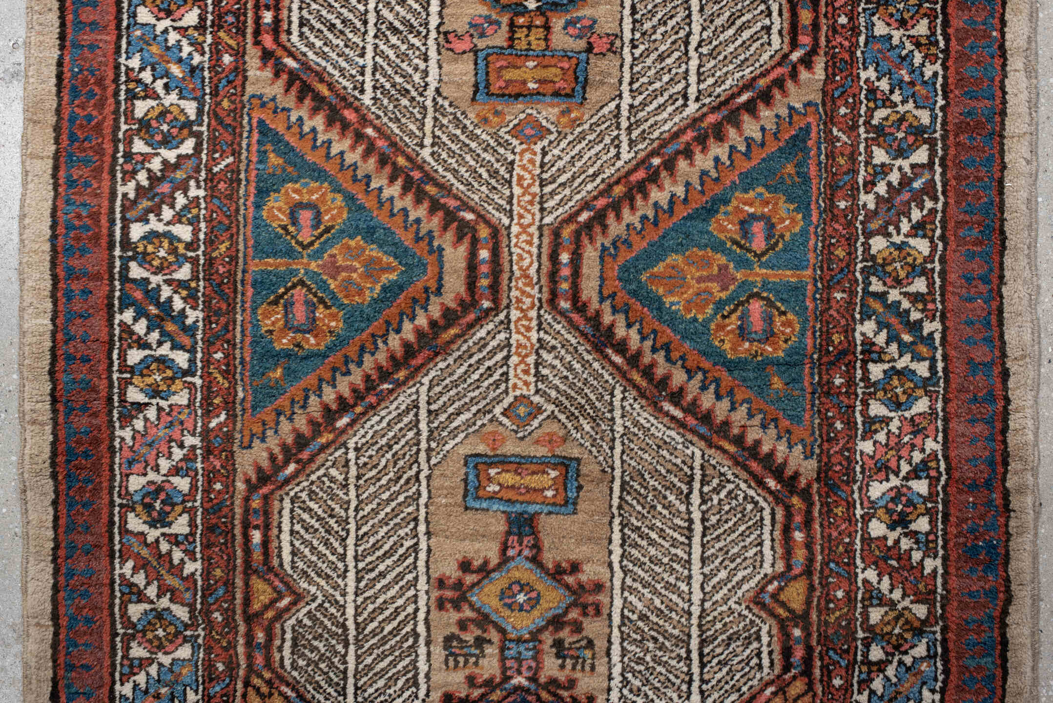 3' x 15' one-of-a-kind handmade vintage Sarab runner rug. Color palette: ivory, rust, indigo, camel, navy, terra cotta