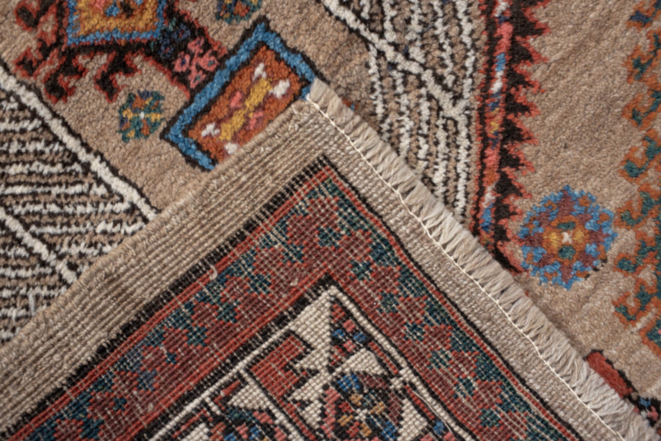 3' x 15' one-of-a-kind handmade vintage Sarab runner rug. Color palette: blue, brown, gray, light gray, off-white, orange