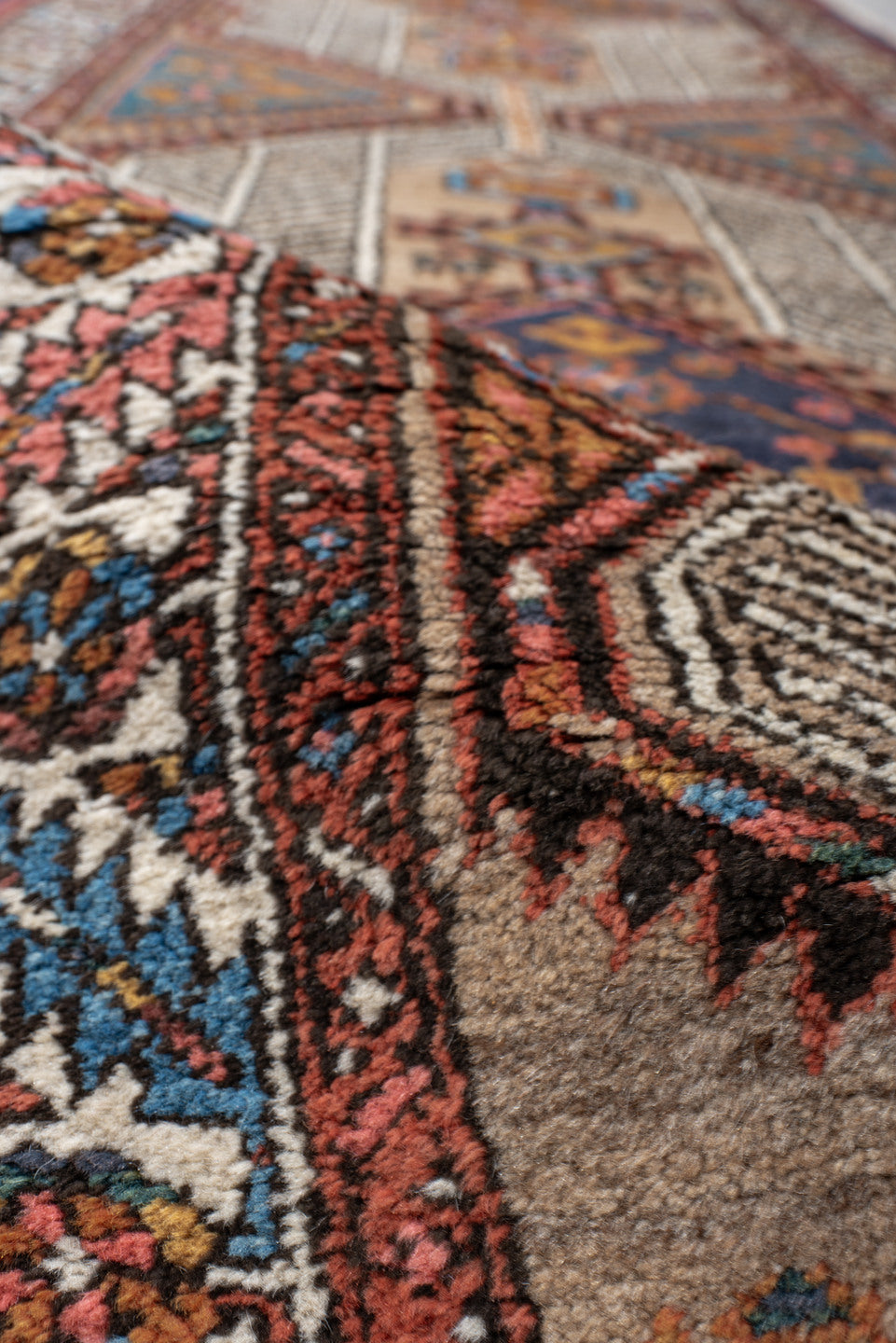 3' x 15' one-of-a-kind handmade vintage Sarab runner rug. Color palette: blue, brown, gray, light gray, off-white, orange