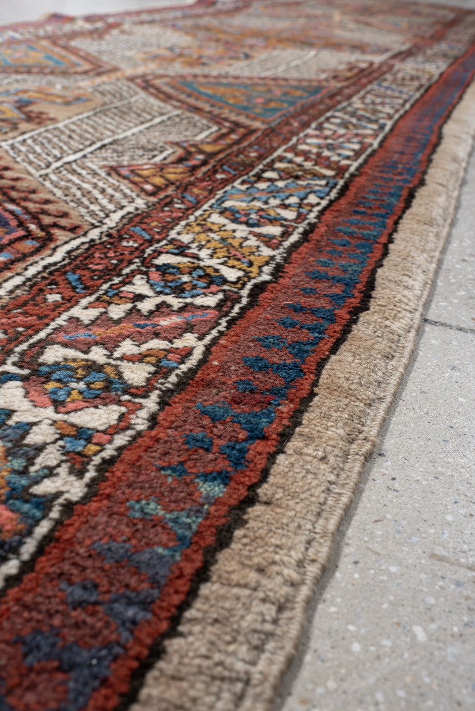 3' x 15' one-of-a-kind handmade vintage Sarab runner rug. Color palette: blue, brown, gray, light gray, off-white, orange