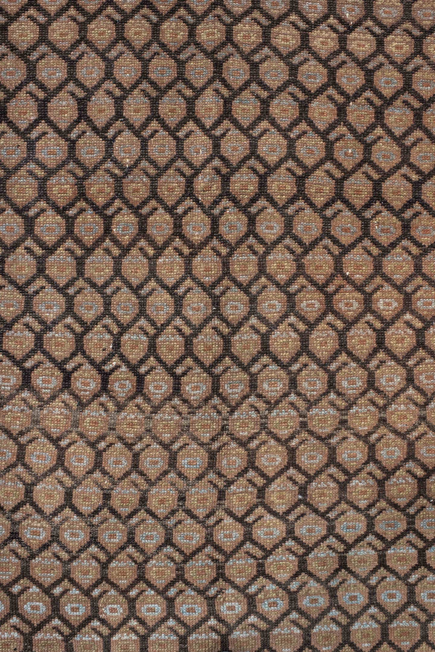 4' x 14' one-of-a-kind handmade vintage Malayer runner rug. Color palette: brown, taupe, camel, ivory, charcoal, beige, gray