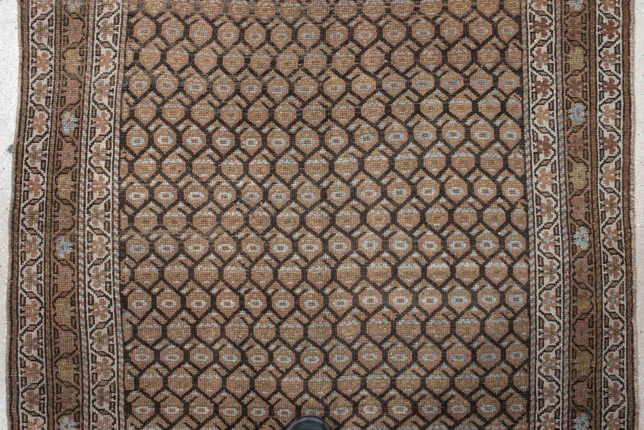 4' x 14' one-of-a-kind handmade vintage Malayer runner rug. Color palette: brown, taupe, camel, ivory, charcoal, beige, gray