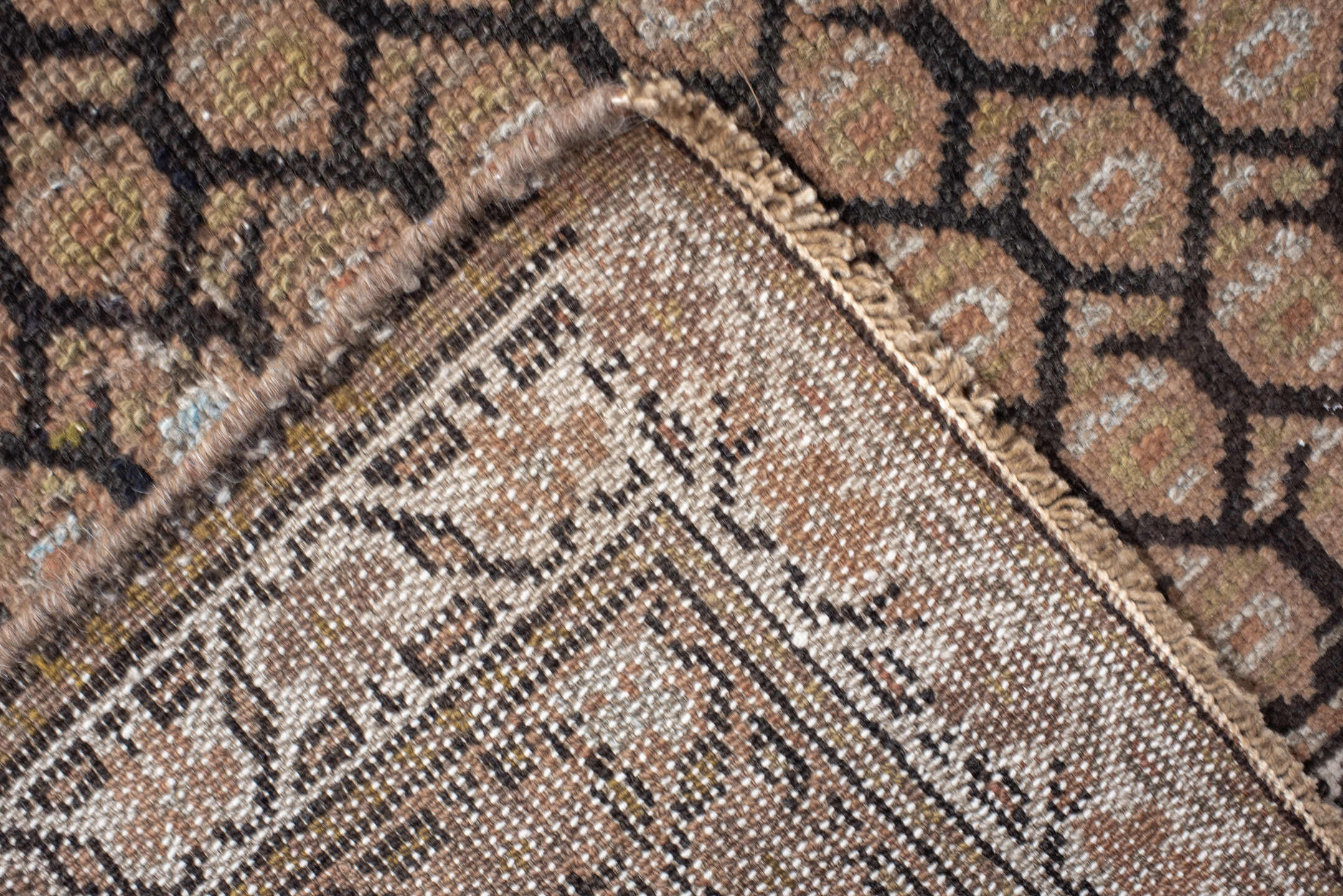 4' x 14' one-of-a-kind handmade vintage Malayer runner rug. Color palette: brown, taupe, camel, ivory, charcoal, beige, gray