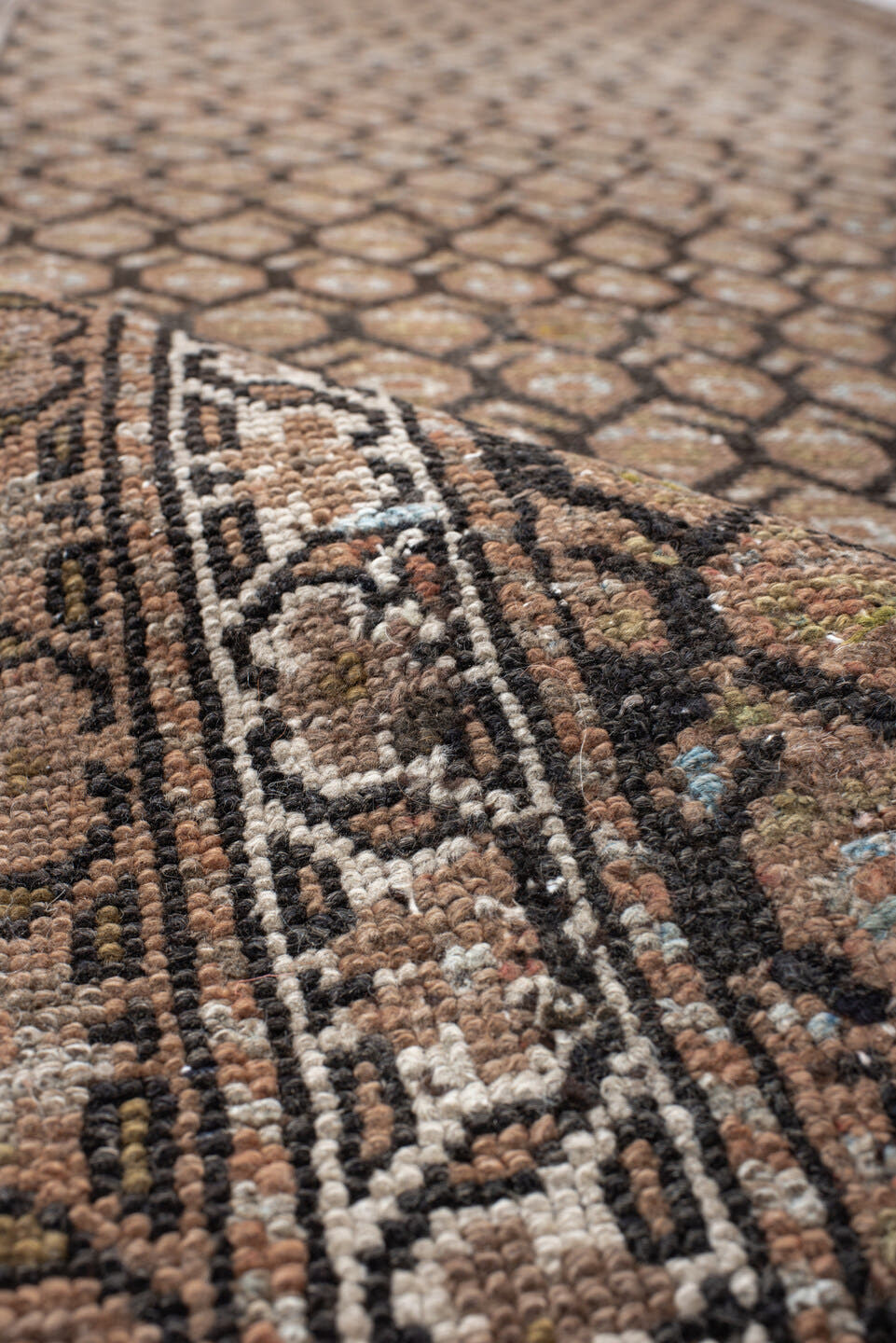 4' x 14' one-of-a-kind handmade vintage Malayer runner rug. Color palette: brown, taupe, camel, ivory, charcoal, beige, gray