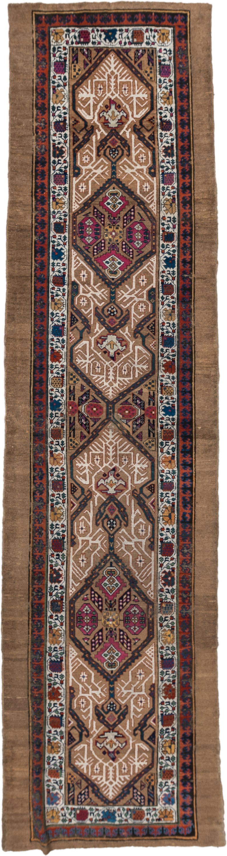 3' x 14' one-of-a-kind handmade vintage Cam Hamadan runner rug. Color palette: camel, ivory, indigo, rust, rose, taupe, navy
