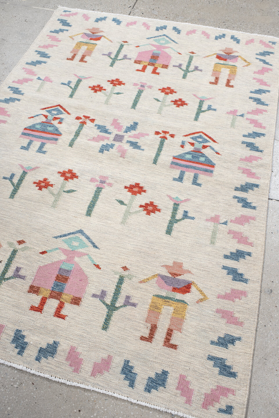 4' x 5' one-of-a-kind handmade vintage Scadinavian small size rug. Color palette: ivory, pink, sky_blue, seafoam, rust