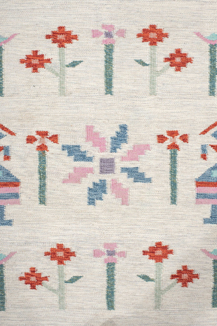 4' x 5' one-of-a-kind handmade vintage Scadinavian small size rug. Color palette: ivory, pink, sky_blue, seafoam, rust