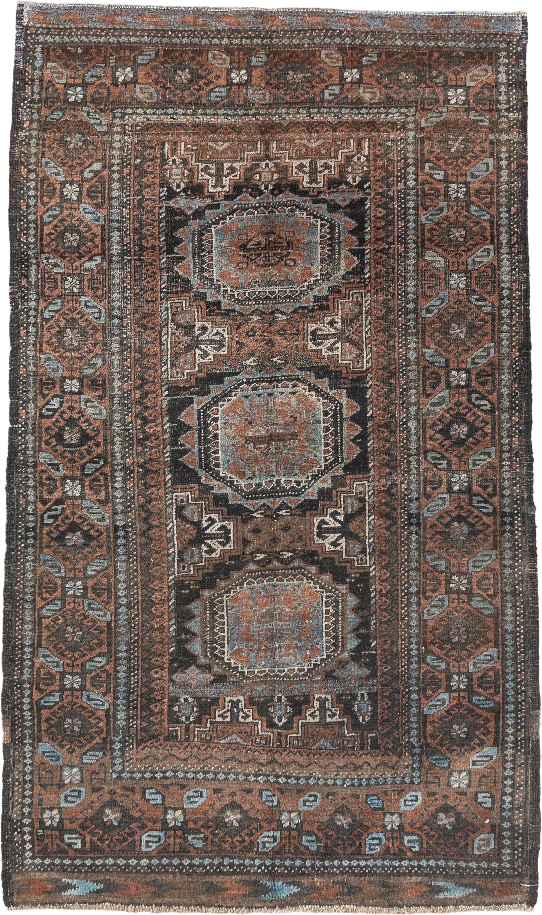 3' x 5' one-of-a-kind handmade antique Belouch small size rug. Color palette: brown, charcoal, rust, sky blue, ivory, taupe