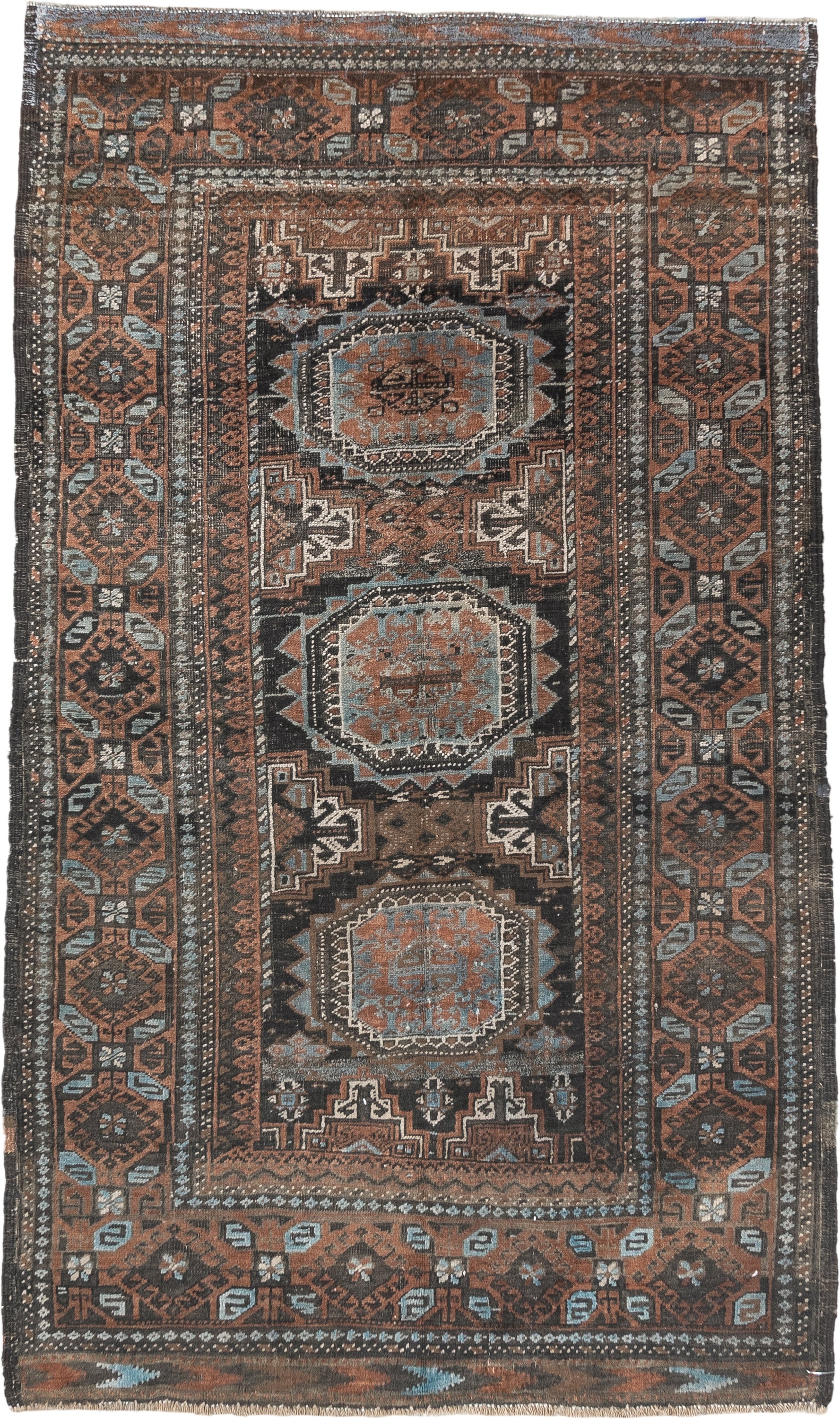 3' x 5' one-of-a-kind handmade antique Belouch small size rug. Color palette: brown, charcoal, rust, sky blue, ivory, taupe