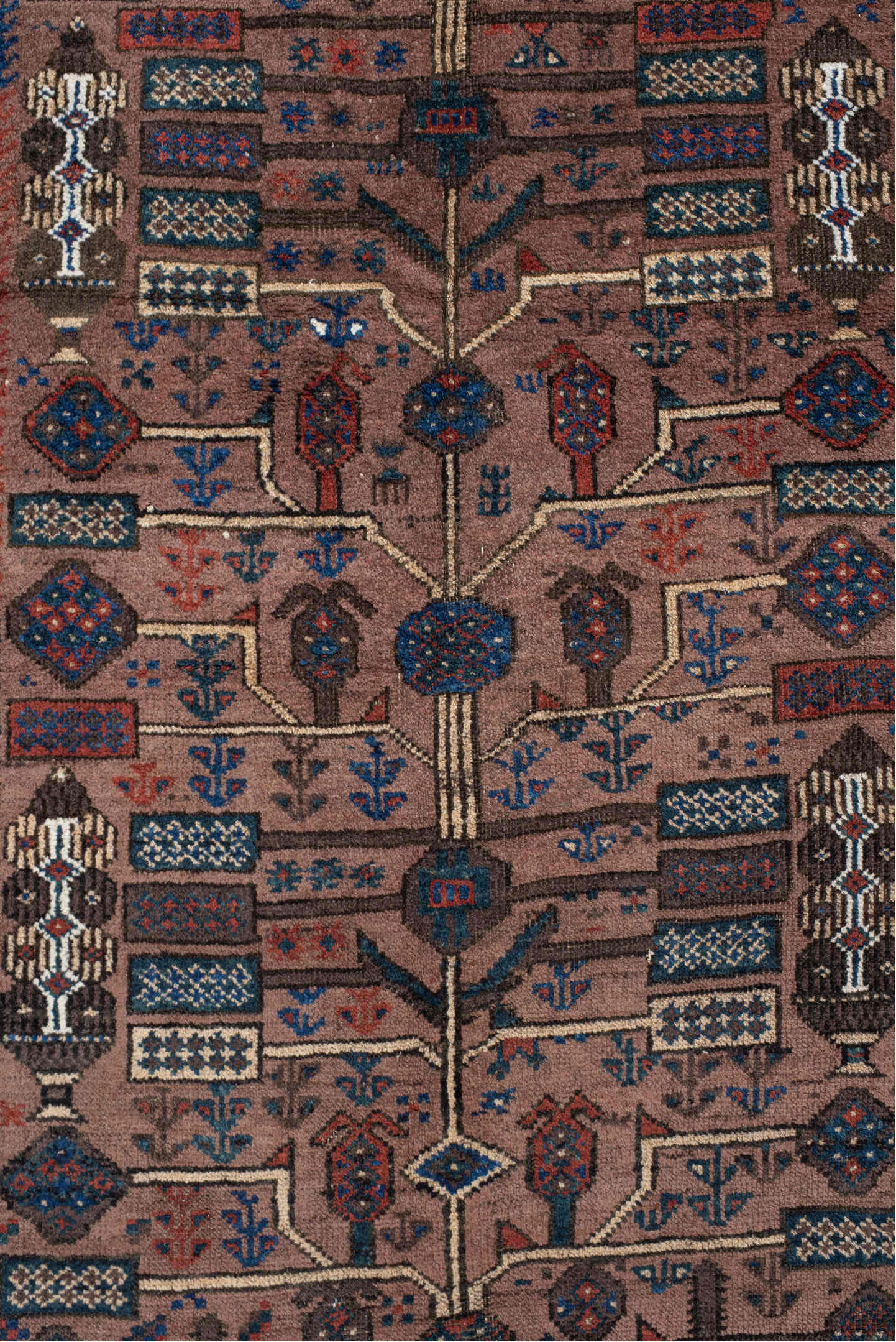 3' x 6' one-of-a-kind handmade vintage Belouch runner rug. Color palette: bisque, black, blanched almond, blue, brown