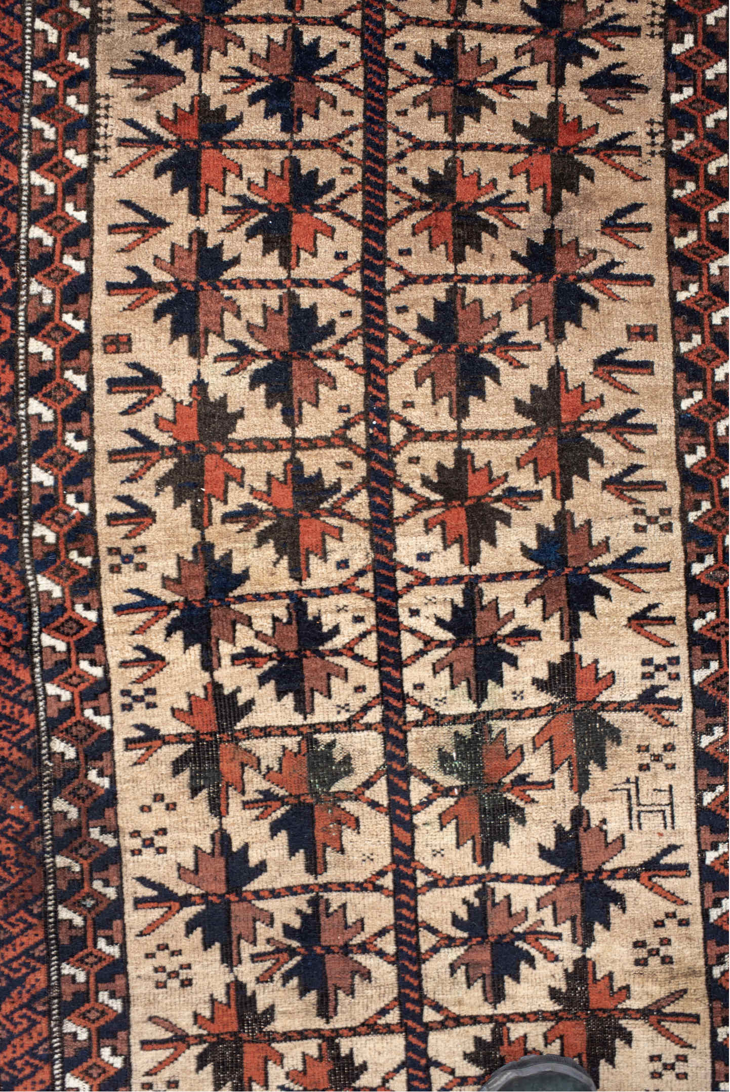 2' x 4' one-of-a-kind handmade vintage Belouch small size rug. Color palette: antiquewhite, bisque, blanched almond, blue
