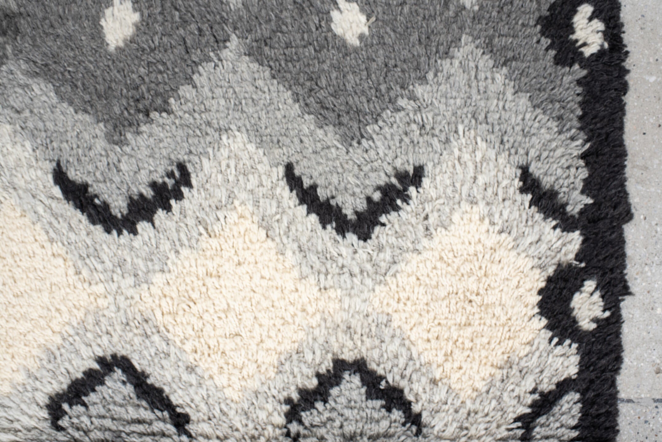 3' x 5' one-of-a-kind handmade vintage Scadinavian small size rug. Color palette: gray, ivory, charcoal, black, cream
