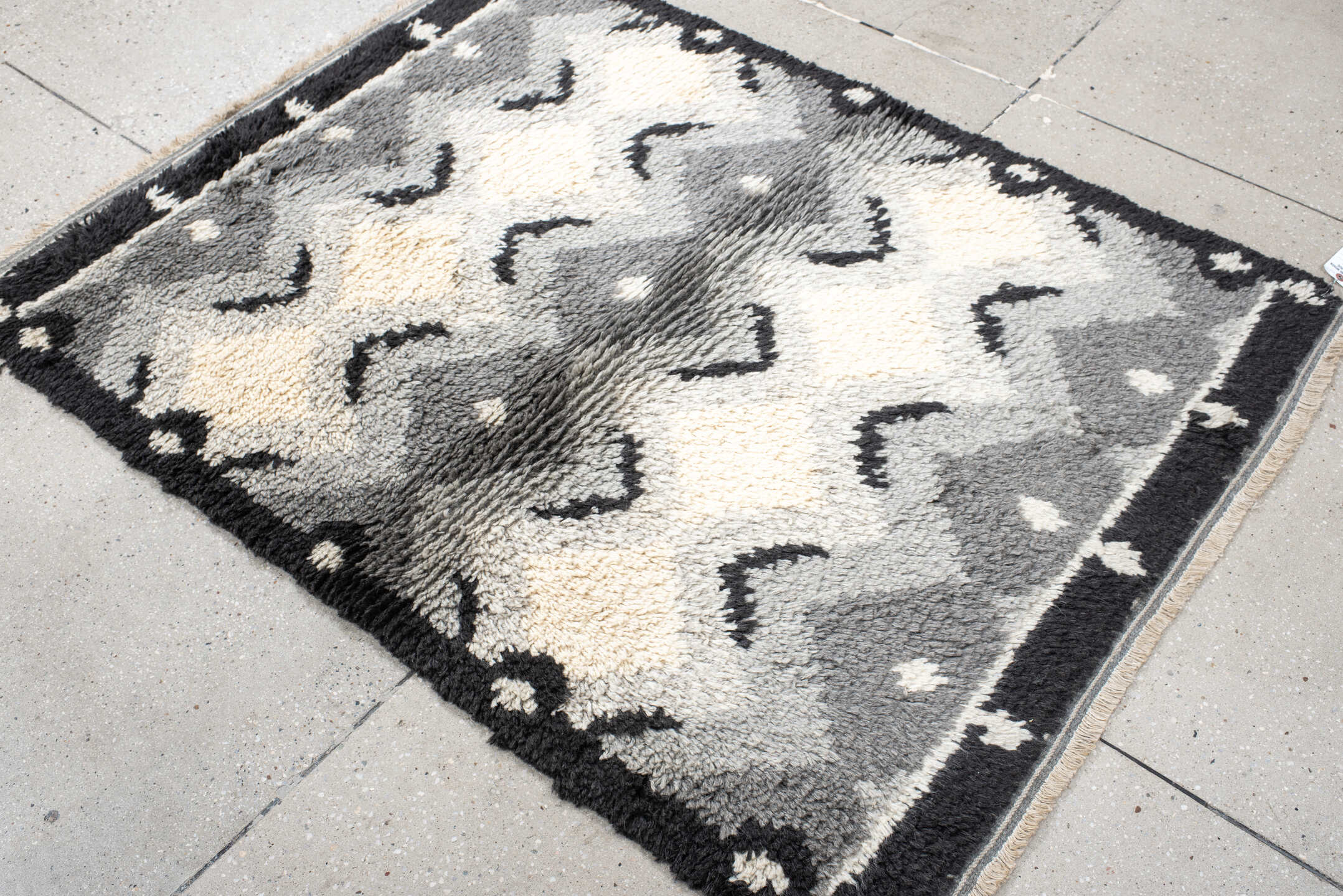 3' x 5' one-of-a-kind handmade vintage Scadinavian small size rug. Color palette: gray, ivory, charcoal, black, cream