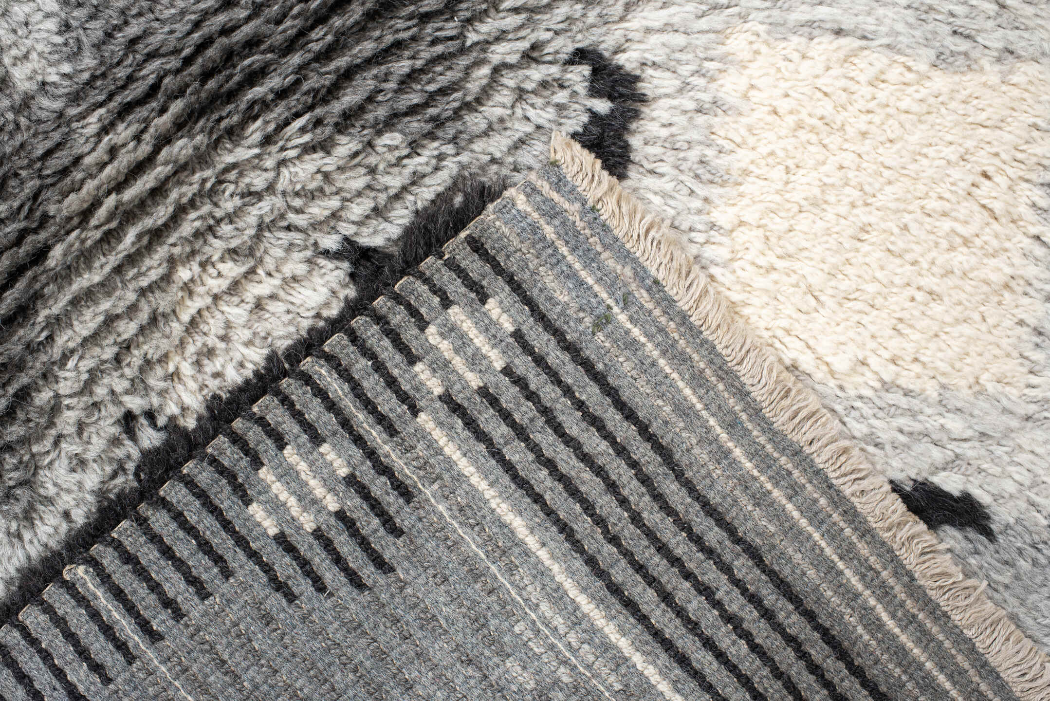 3' x 5' one-of-a-kind handmade vintage Scadinavian small size rug. Color palette: gray, ivory, charcoal, black, cream