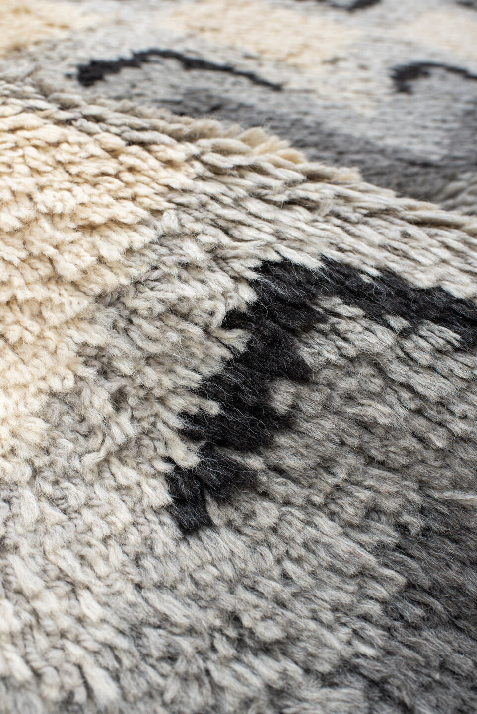 3' x 5' one-of-a-kind handmade vintage Scadinavian small size rug. Color palette: gray, ivory, charcoal, black, cream