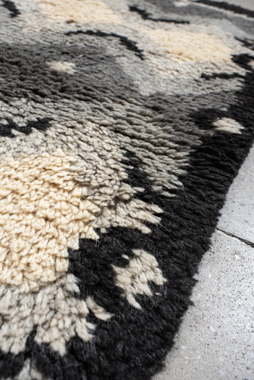 3' x 5' one-of-a-kind handmade vintage Scadinavian small size rug. Color palette: gray, ivory, charcoal, black, cream