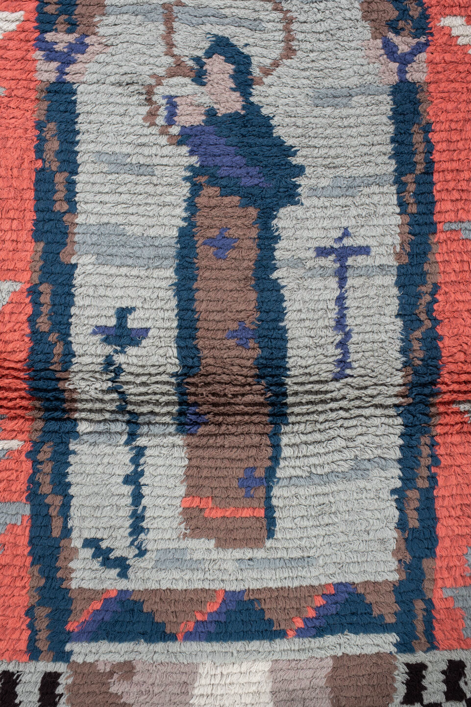 3' x 4' one-of-a-kind handmade vintage Scadinavian small size rug. Color palette: terra cotta, teal, ivory, brown, gray