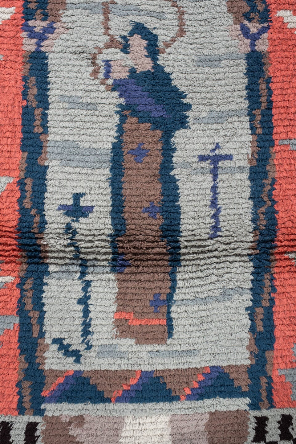 3' x 4' one-of-a-kind handmade antique Scadinavian small size rug. Color palette: coral, ivory, taupe, blue, slate, charcoal