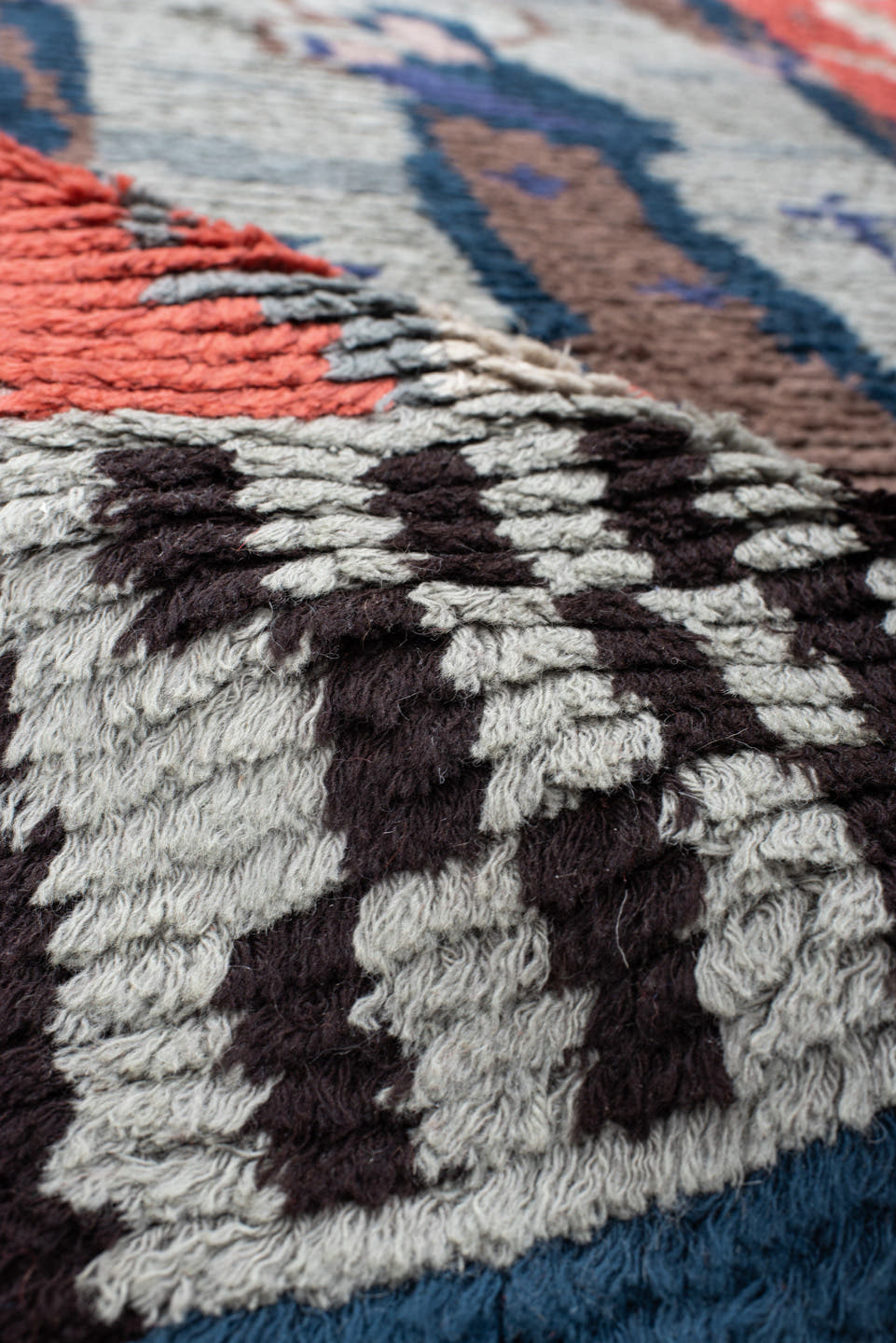 3' x 4' one-of-a-kind handmade antique Scadinavian small size rug. Color palette: coral, ivory, taupe, blue, slate, charcoal