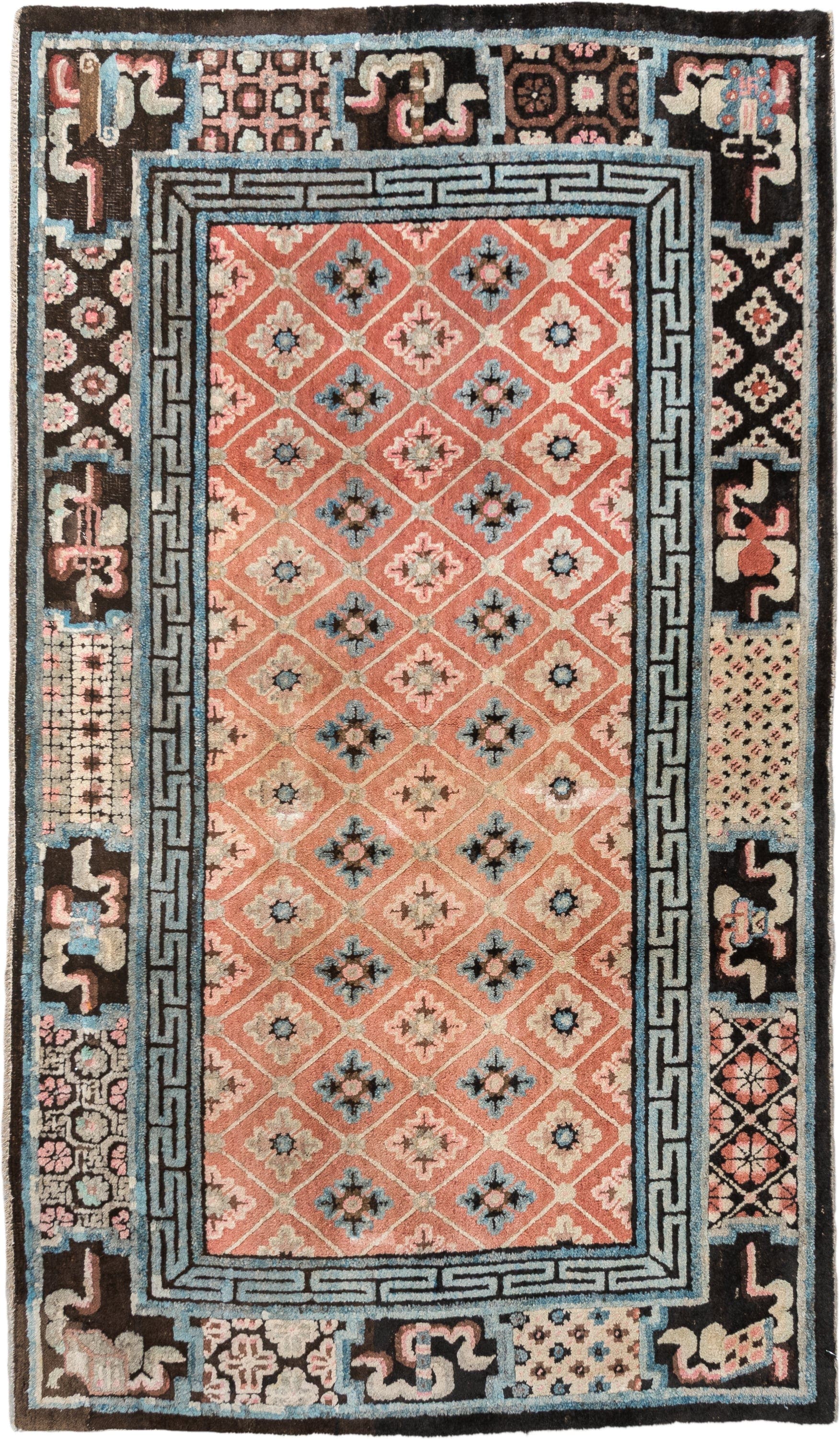 4' x 7' one-of-a-kind handmade vintage Tibetan rug. Color palette: salmon, charcoal, sky blue, ivory, rose, taupe, brown