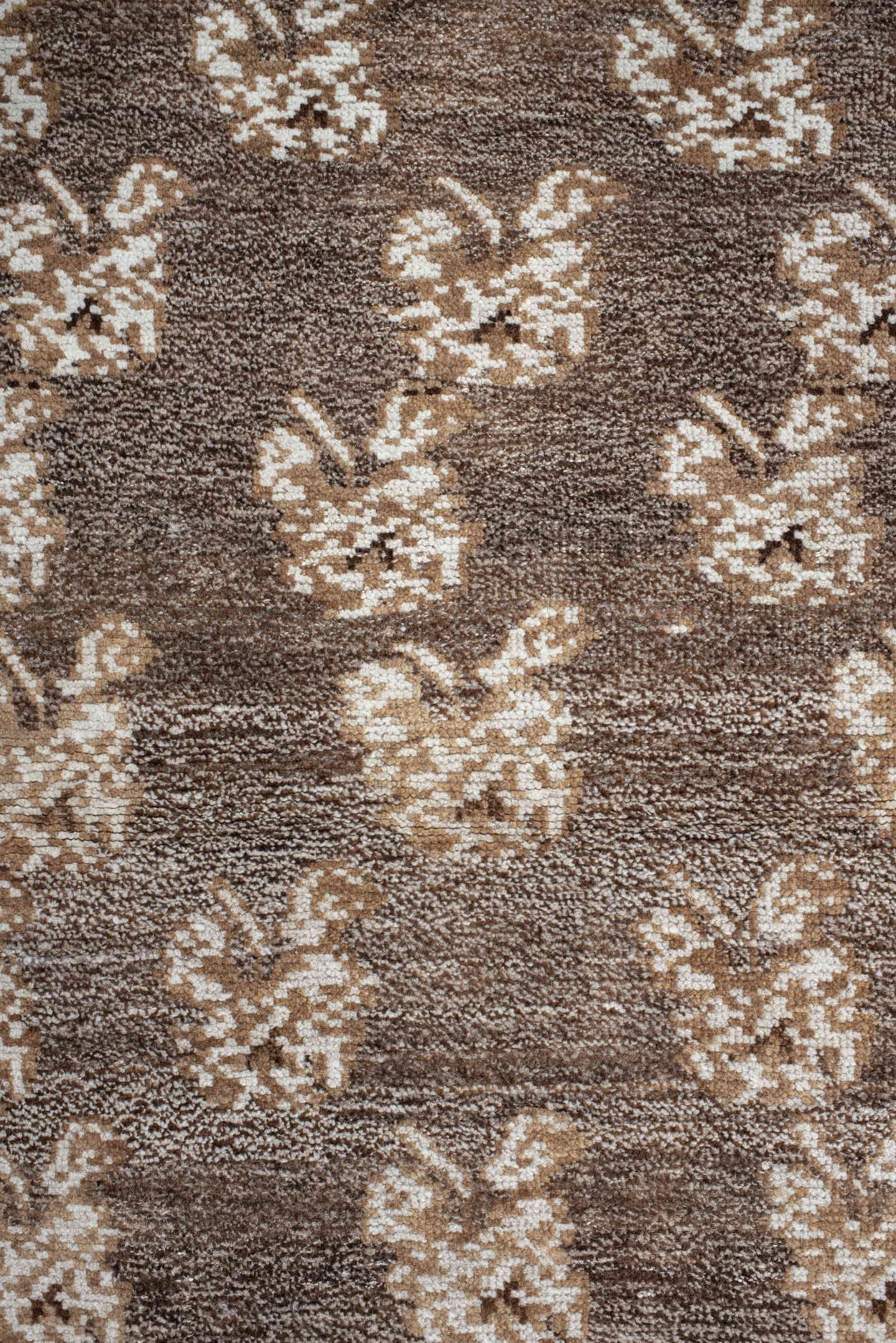 4' x 7' one-of-a-kind handmade vintage Gabbe rug. Color palette: brown, ivory, taupe, camel, beige, gray