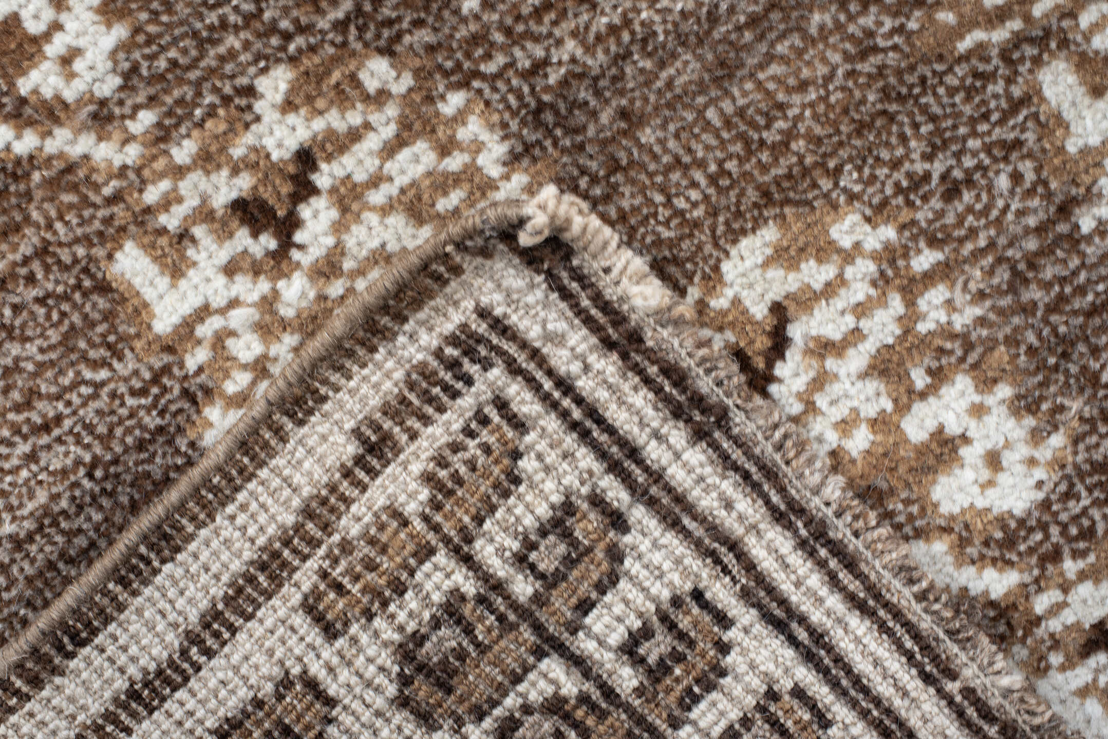 4' x 7' one-of-a-kind handmade vintage Gabbe rug. Color palette: brown, ivory, taupe, camel, beige, gray