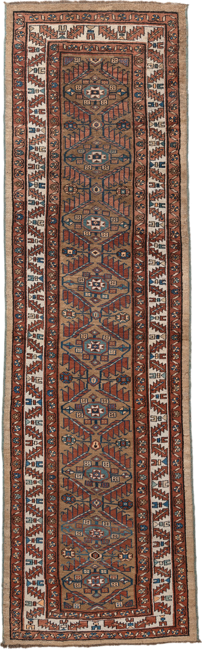3' x 10' one-of-a-kind handmade vintage NW Persian runner rug. Color palette: arapawa, black, blue, brown, dim gray, gray