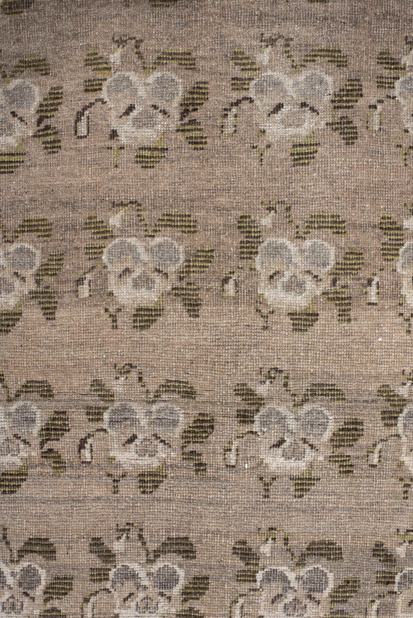 3' x 4' one-of-a-kind handmade vintage Gabbe small size rug. Color palette: taupe, ivory, brown, olive, gray, camel, beige