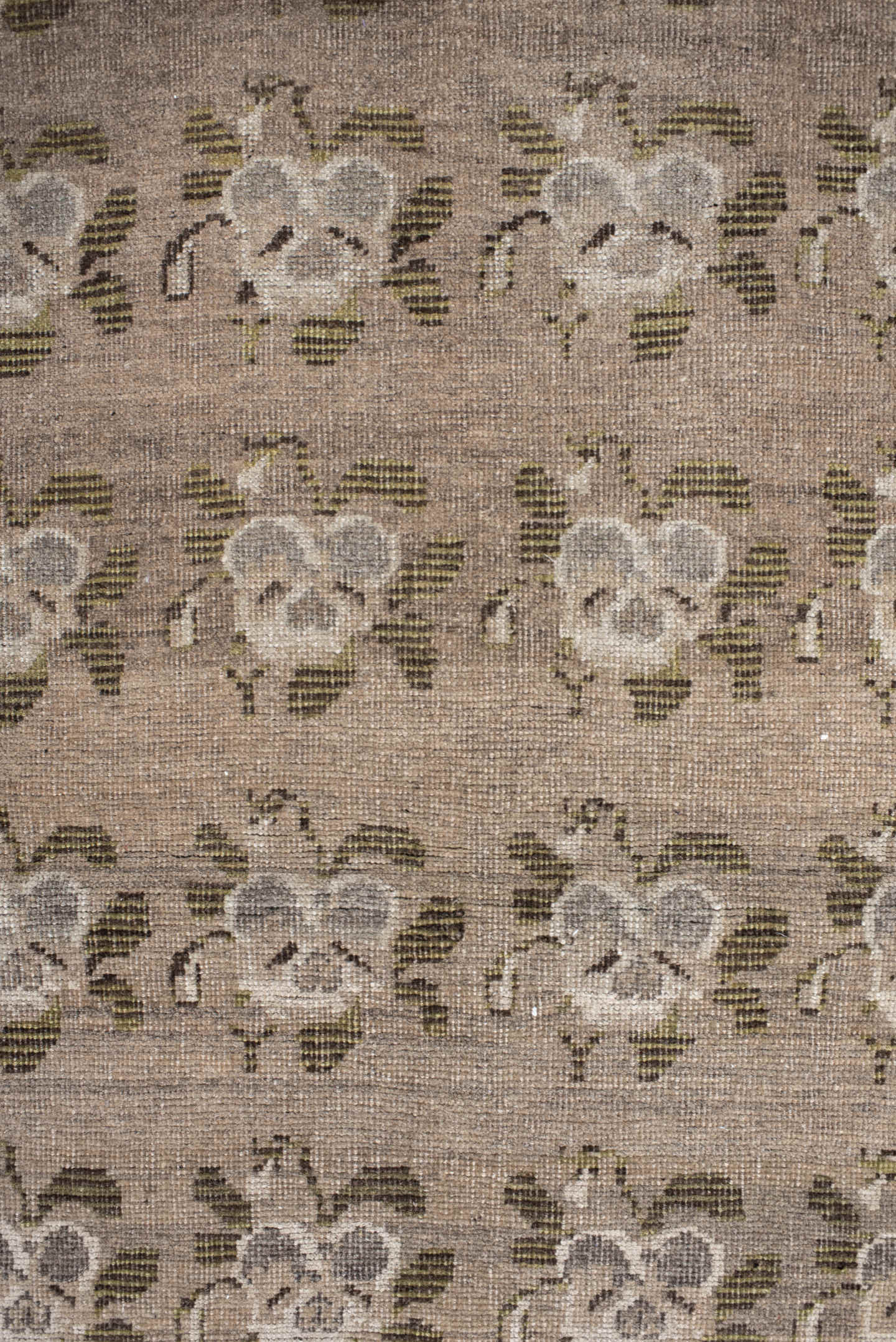 3' x 4' one-of-a-kind handmade vintage Gabbe small size rug. Color palette: taupe, ivory, brown, olive, gray, camel, beige