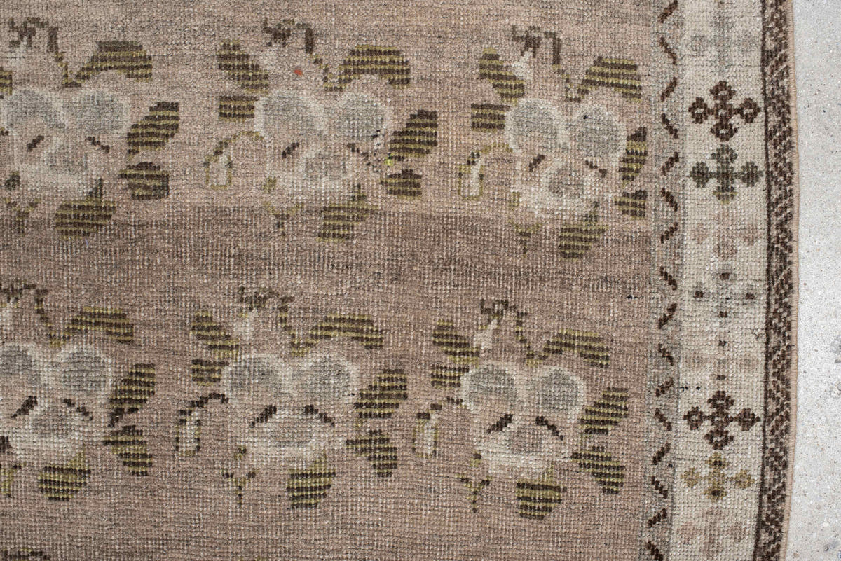 3' x 4' one-of-a-kind handmade vintage Gabbe small size rug. Color palette: taupe, ivory, brown, olive, gray, camel, beige