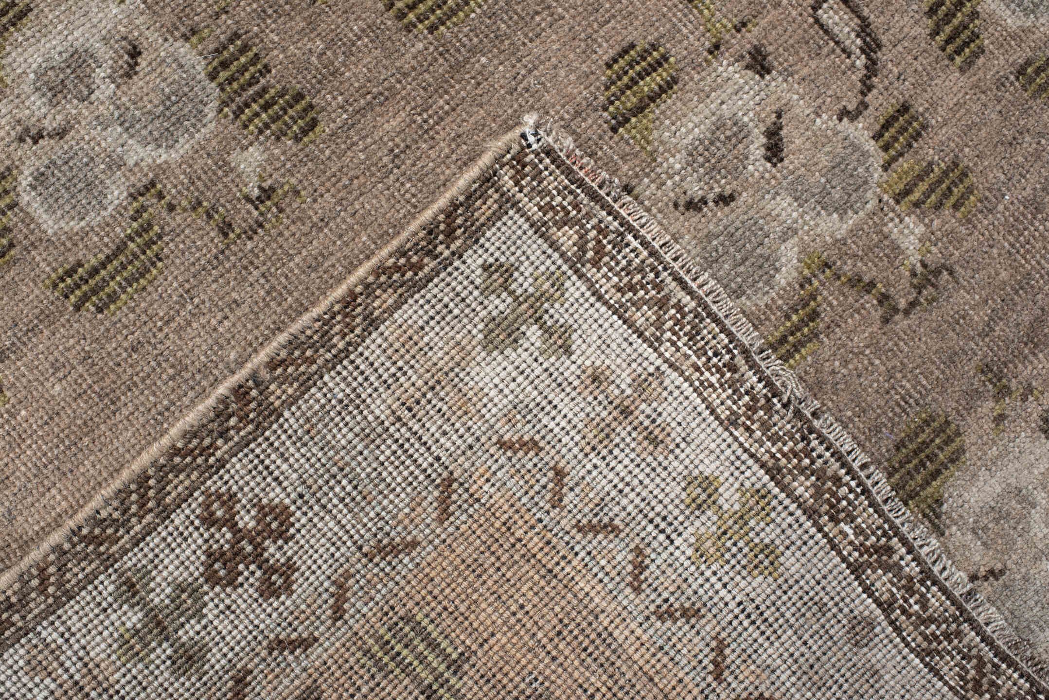 3' x 4' one-of-a-kind handmade vintage Gabbe small size rug. Color palette: taupe, ivory, brown, olive, gray, camel, beige