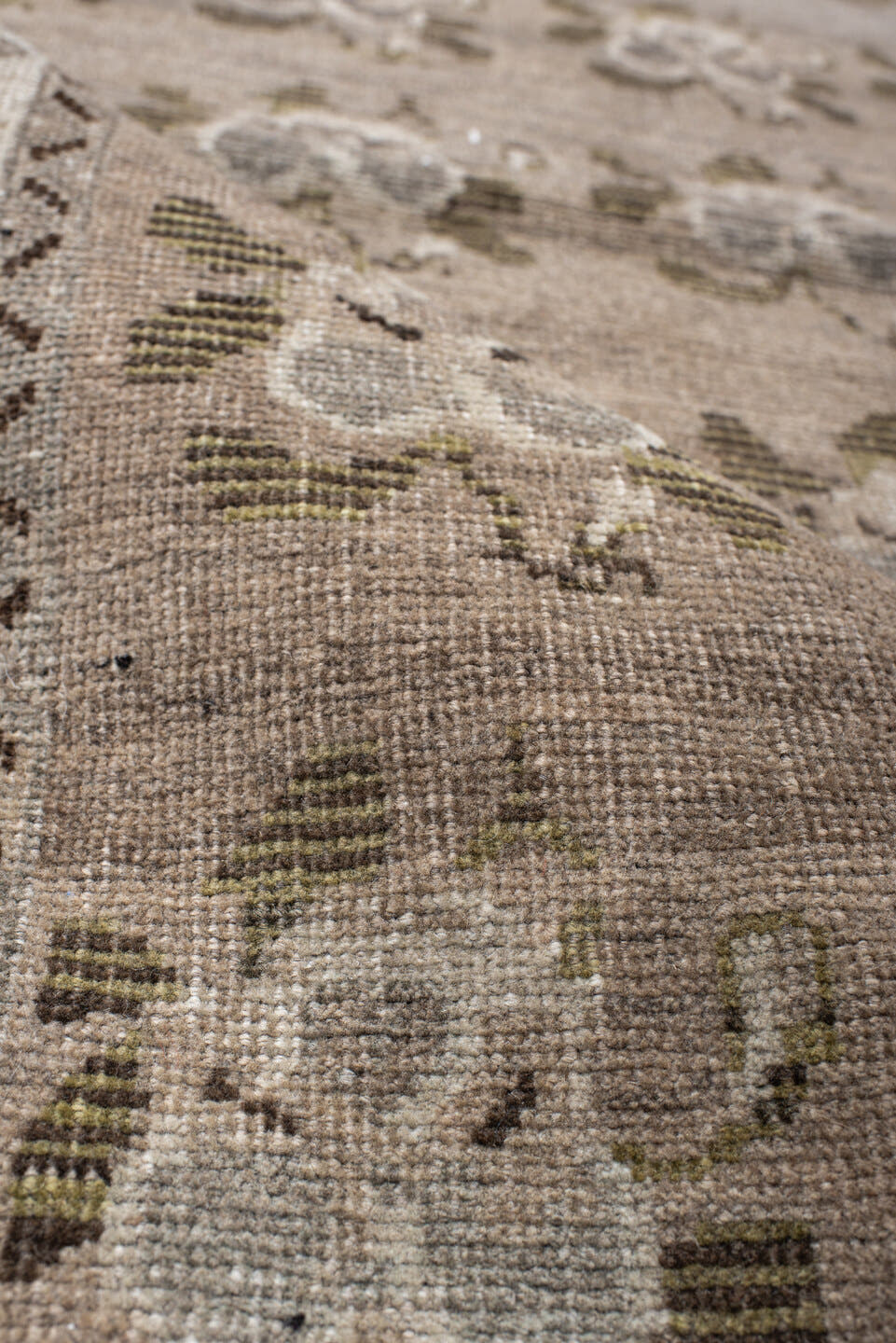 3' x 4' one-of-a-kind handmade vintage Gabbe small size rug. Color palette: taupe, ivory, brown, olive, gray, camel, beige