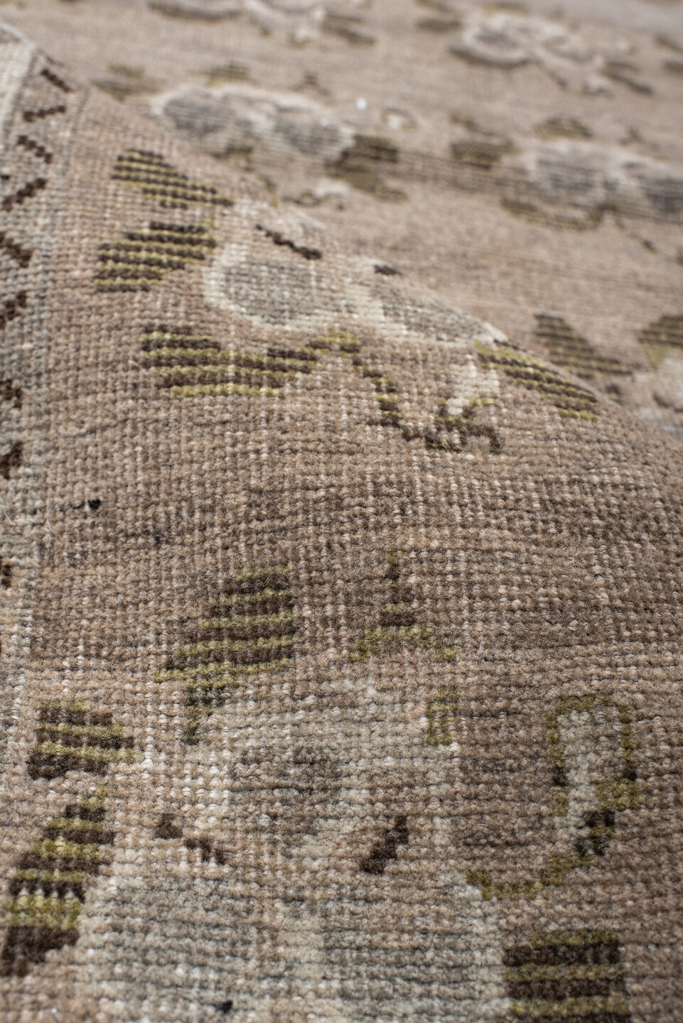 3' x 4' one-of-a-kind handmade vintage Gabbe small size rug. Color palette: taupe, ivory, brown, olive, gray, camel, beige
