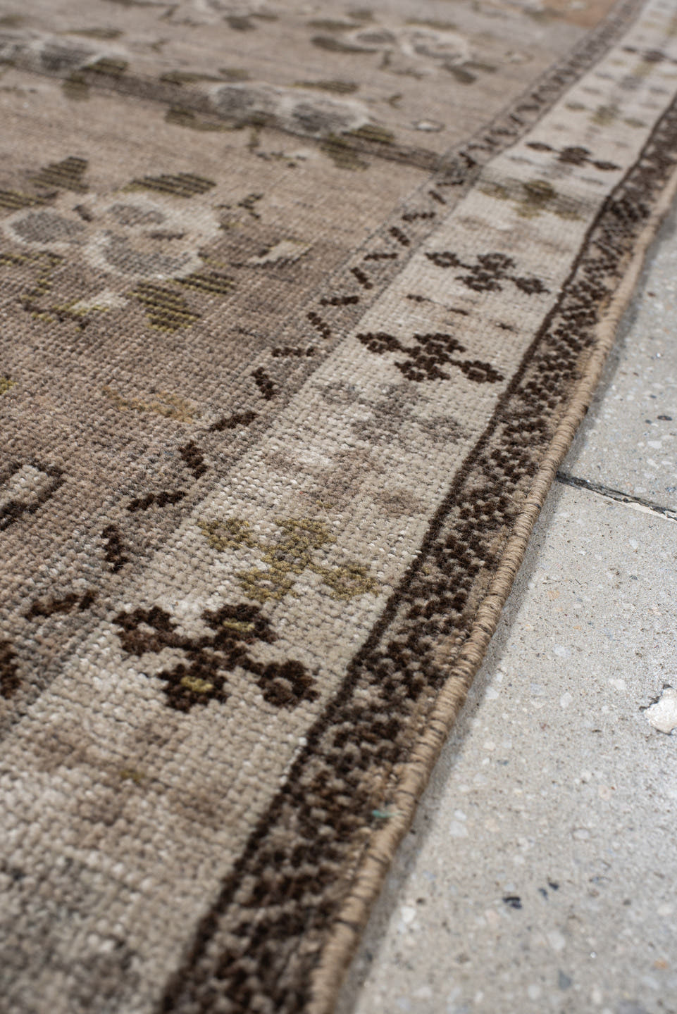 3' x 4' one-of-a-kind handmade vintage Gabbe small size rug. Color palette: taupe, ivory, brown, olive, gray, camel, beige
