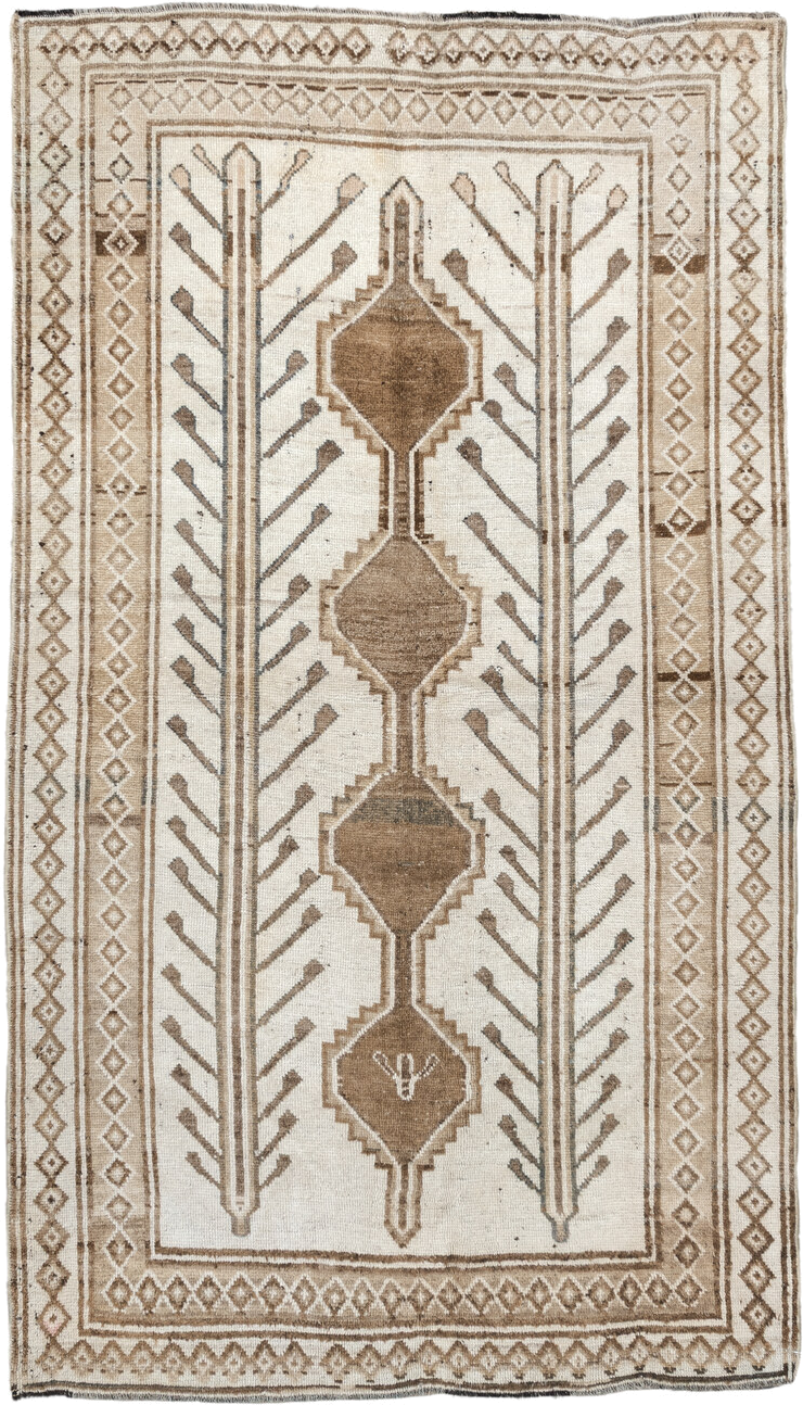 4' x 7' one-of-a-kind handmade vintage Gabbe rug. Color palette: ivory, camel, taupe, brown, beige, gray