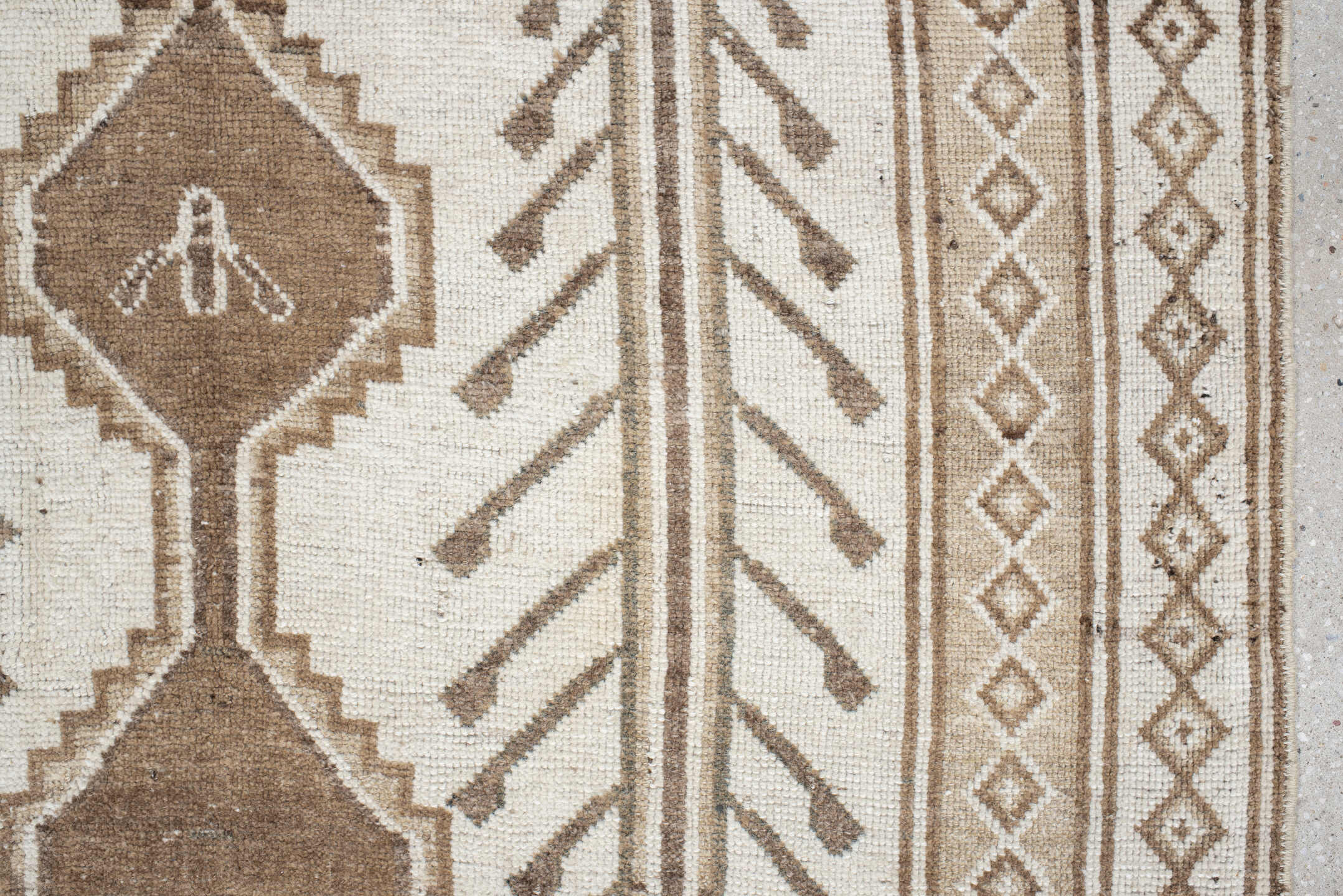 4' x 7' one-of-a-kind handmade vintage Gabbe rug. Color palette: ivory, camel, taupe, brown, beige, gray