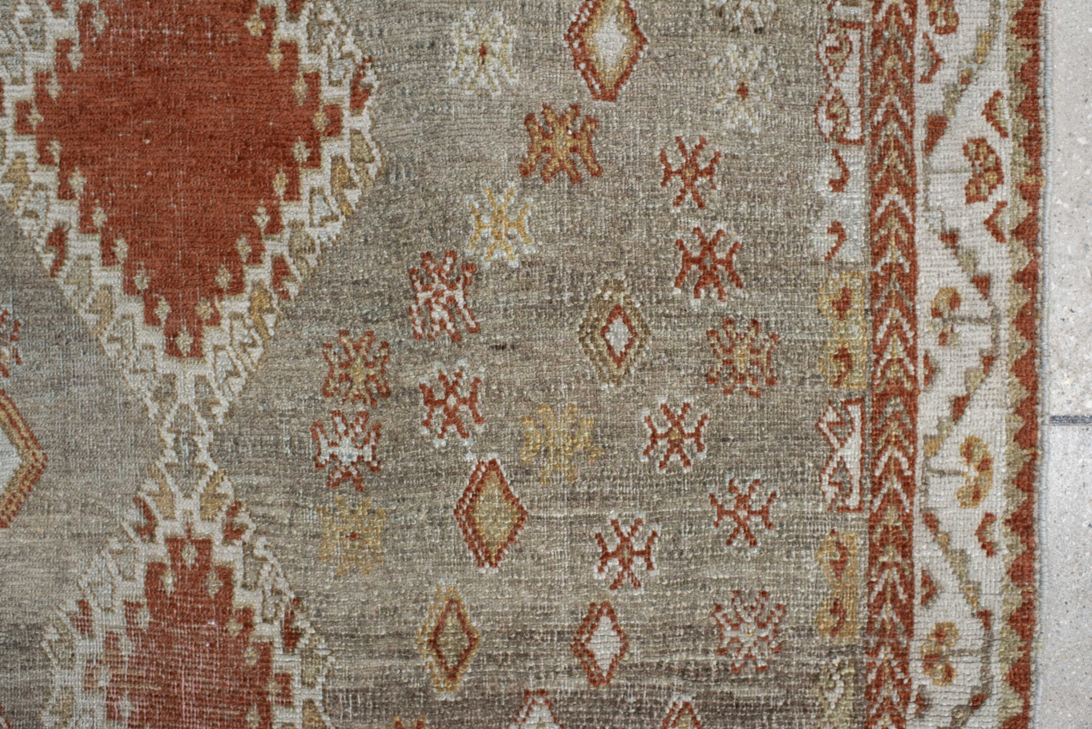 3' x 4' one-of-a-kind handmade vintage Gabbe small size rug. Color palette: taupe, rust, ivory, camel, gold, sage, beige