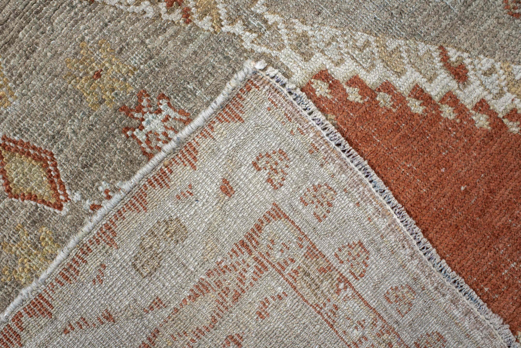 3' x 4' one-of-a-kind handmade vintage Gabbe small size rug. Color palette: taupe, rust, ivory, camel, gold, sage, beige
