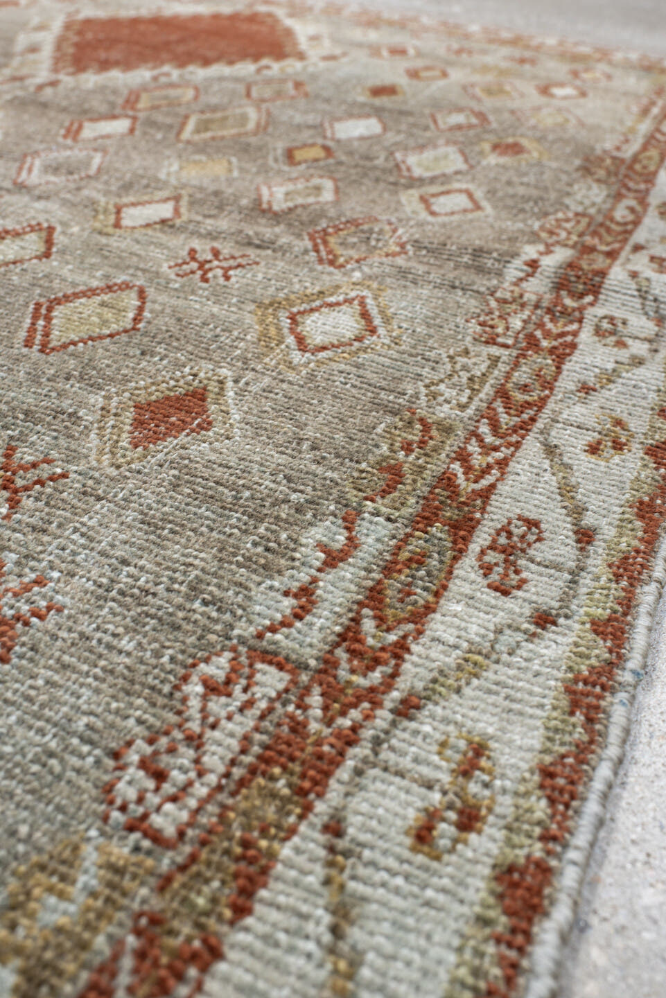 3' x 4' one-of-a-kind handmade vintage Gabbe small size rug. Color palette: taupe, rust, ivory, camel, gold, sage, beige