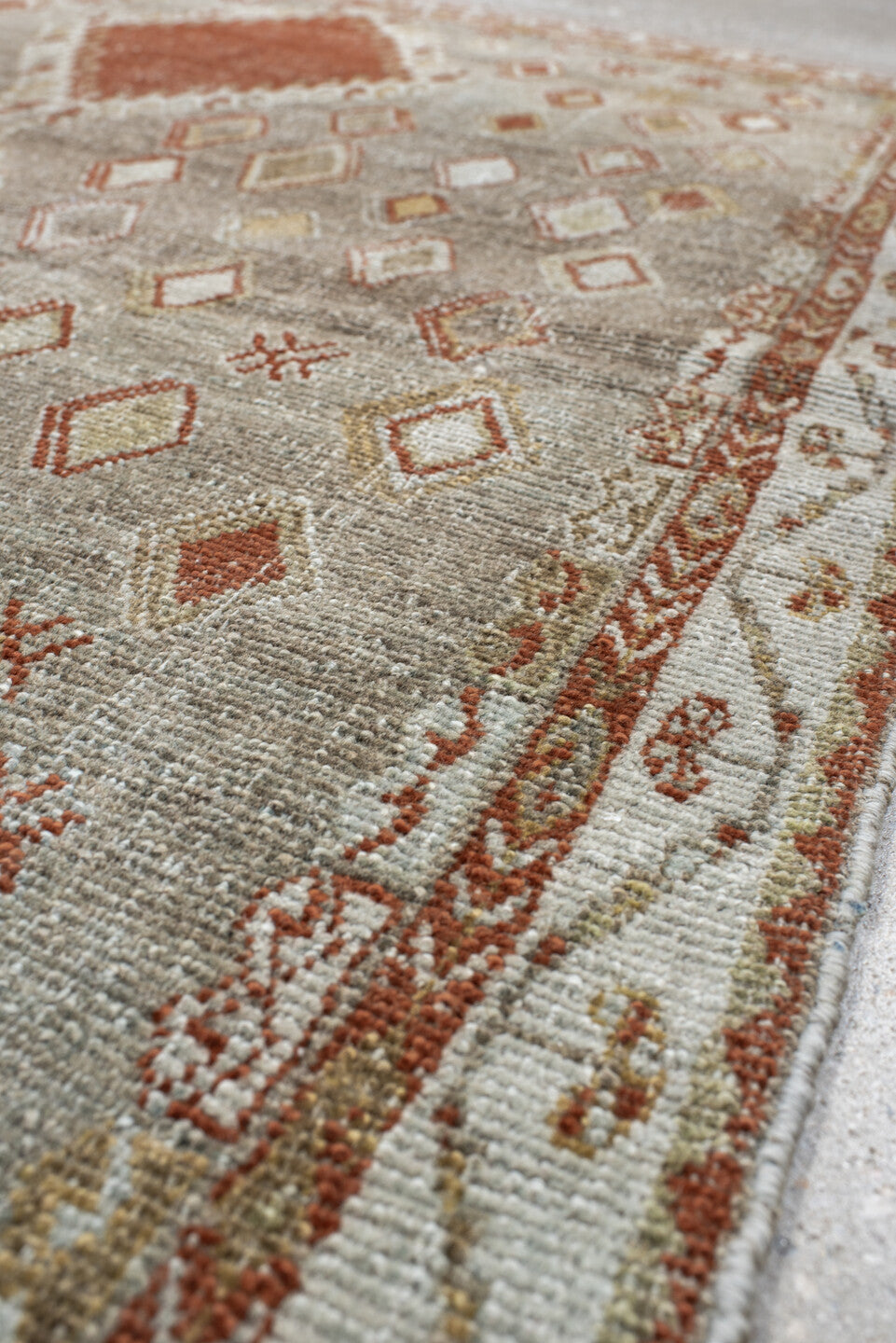 3' x 4' one-of-a-kind handmade vintage Gabbe small size rug. Color palette: taupe, rust, ivory, camel, gold, sage, beige