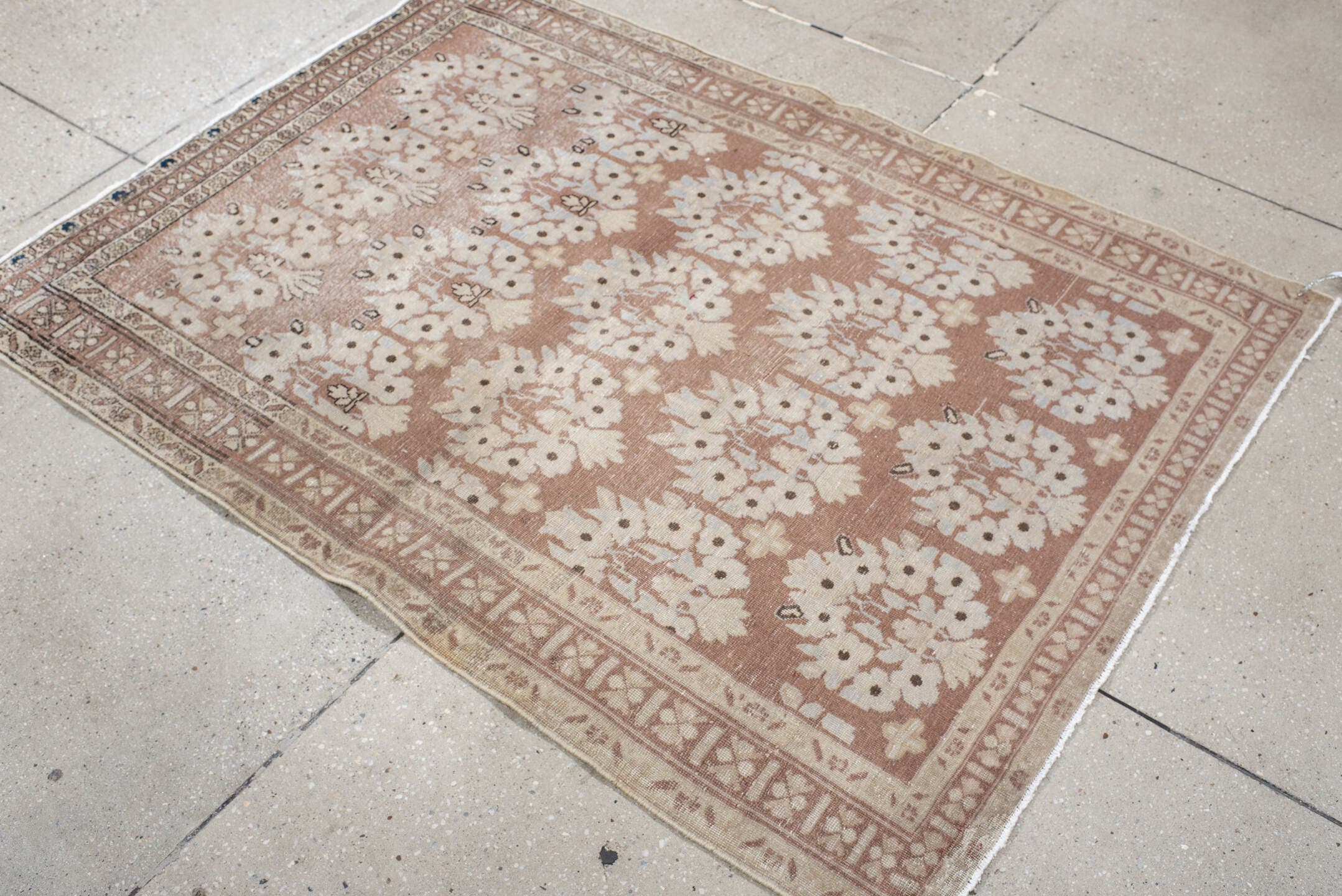 3' x 5' one-of-a-kind handmade vintage Afshar small size rug. Color palette: blush, ivory, taupe, camel, brown, pink, beige
