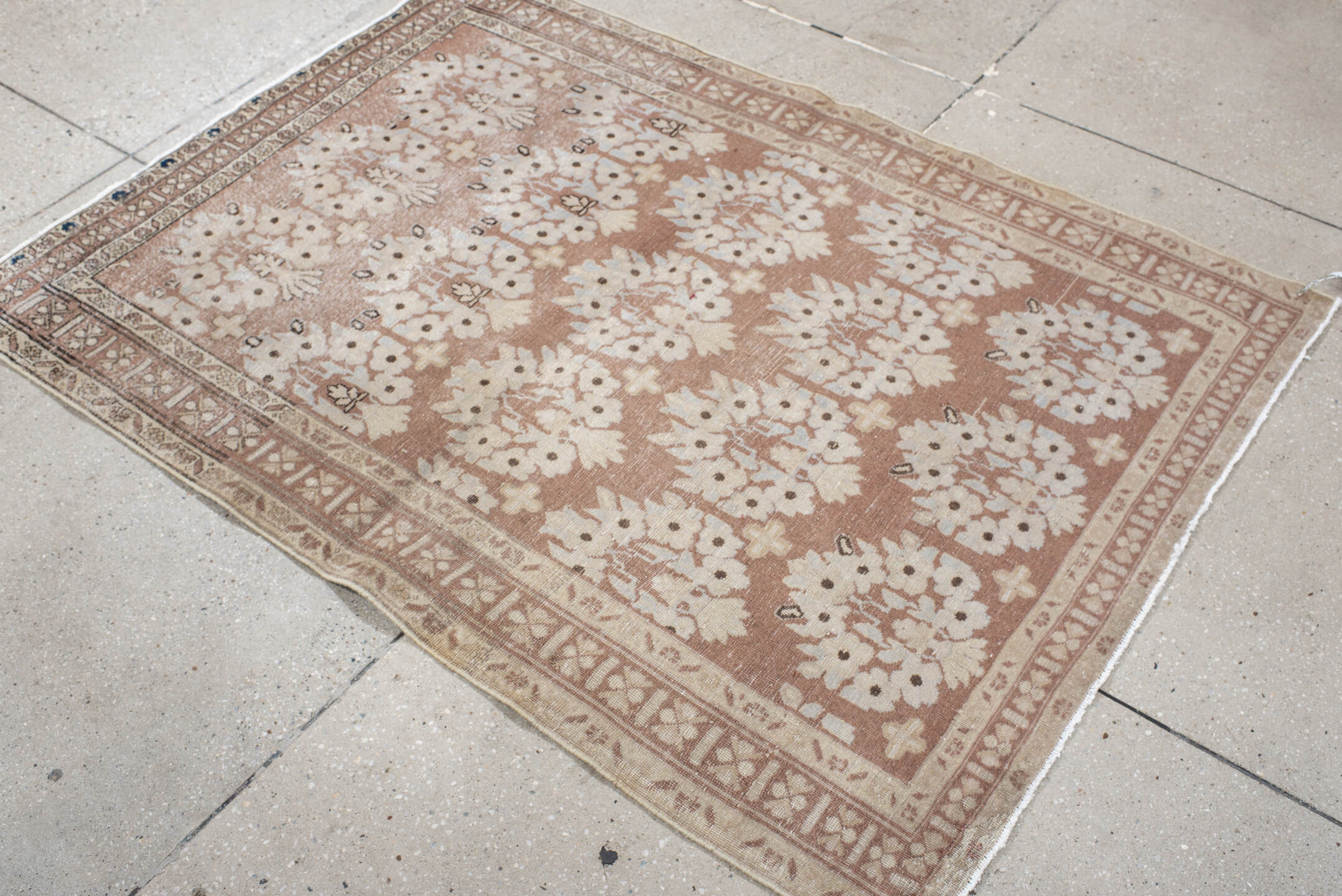 3' x 5' one-of-a-kind handmade vintage Afshar small size rug. Color palette: blush, ivory, taupe, camel, brown, pink, beige