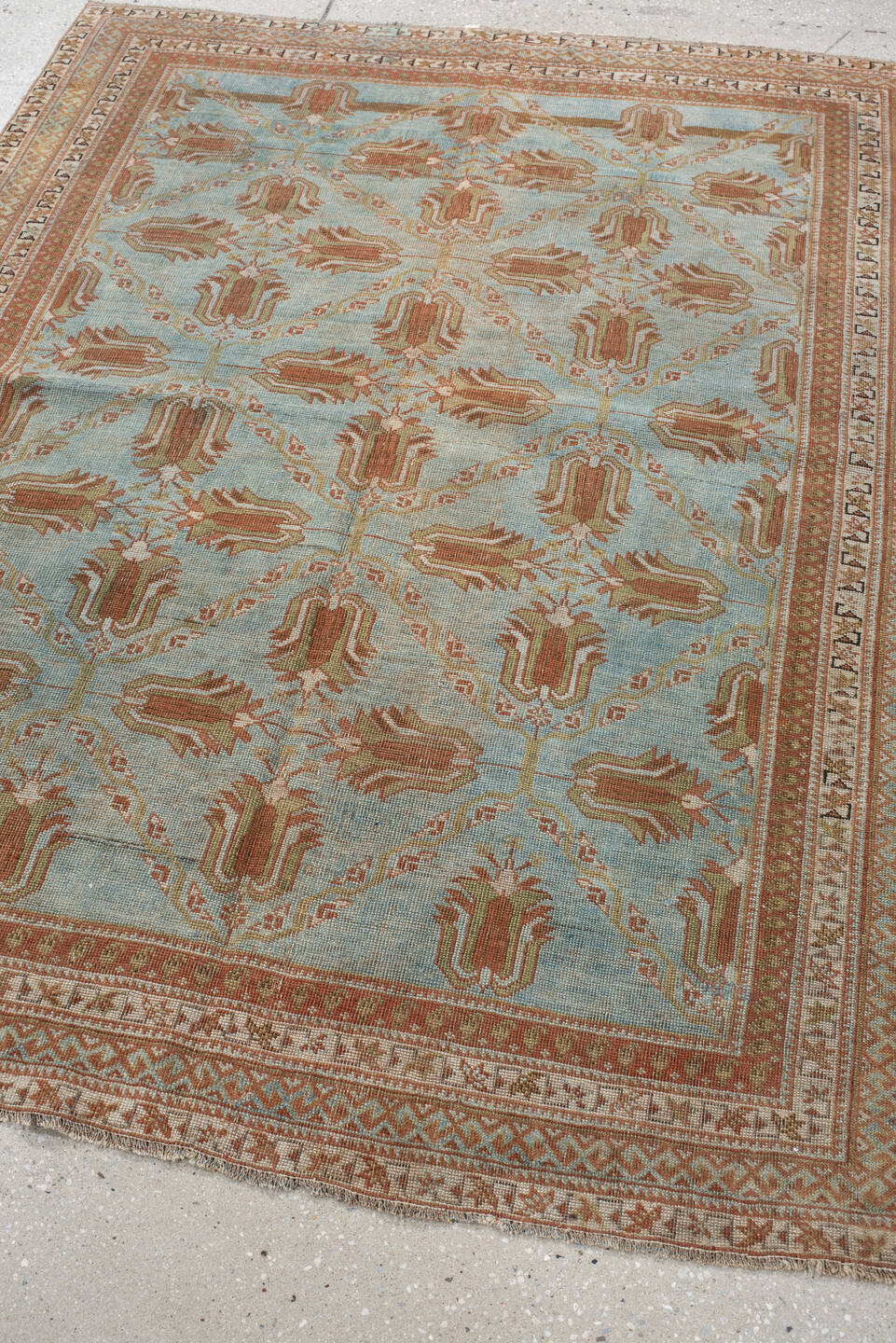 4' x 5' one-of-a-kind handmade vintage Afshar small size rug. Color palette: light blue, terra cotta, ivory, camel, taupe