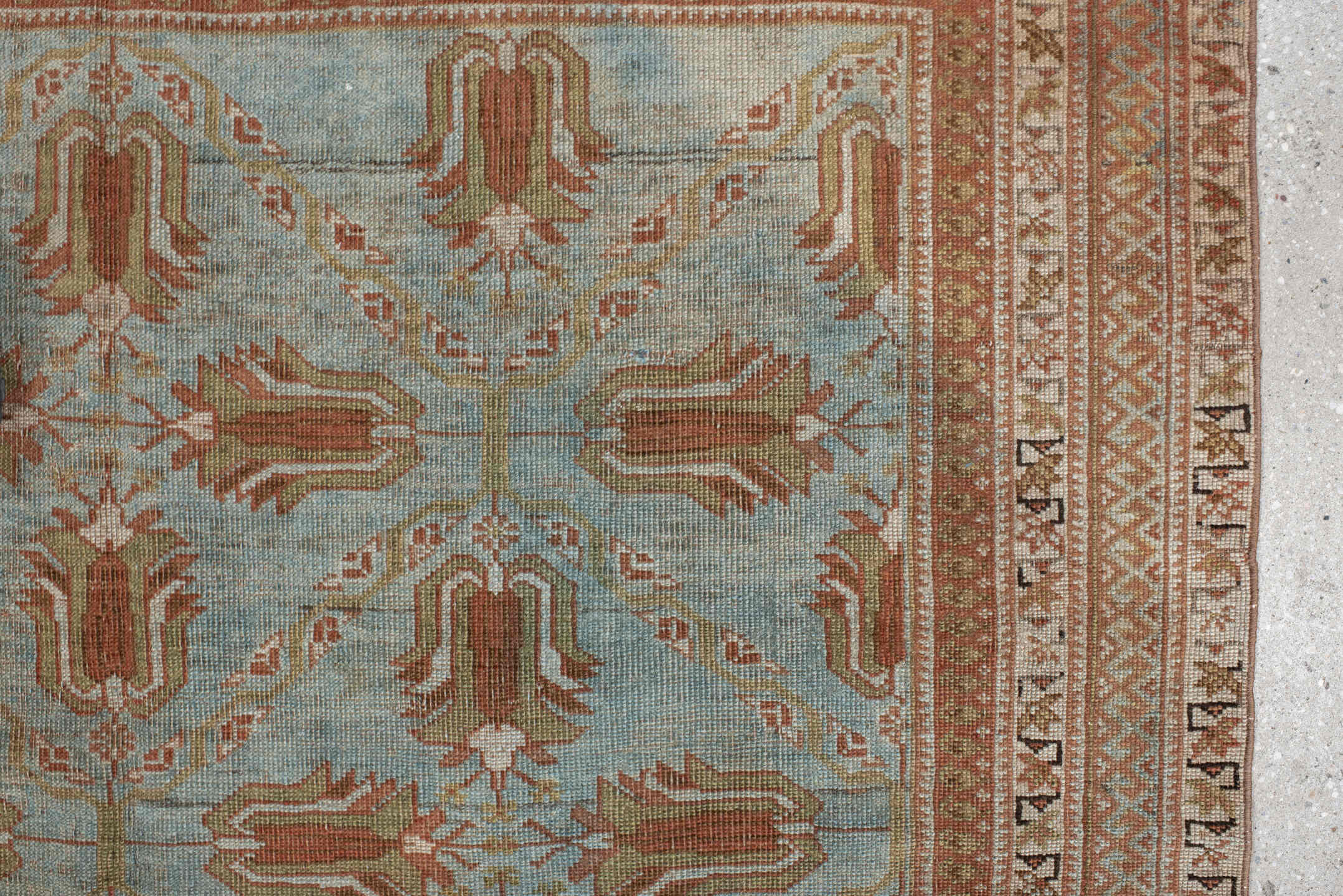 4' x 5' one-of-a-kind handmade vintage Afshar small size rug. Color palette: light blue, terra cotta, ivory, camel, taupe