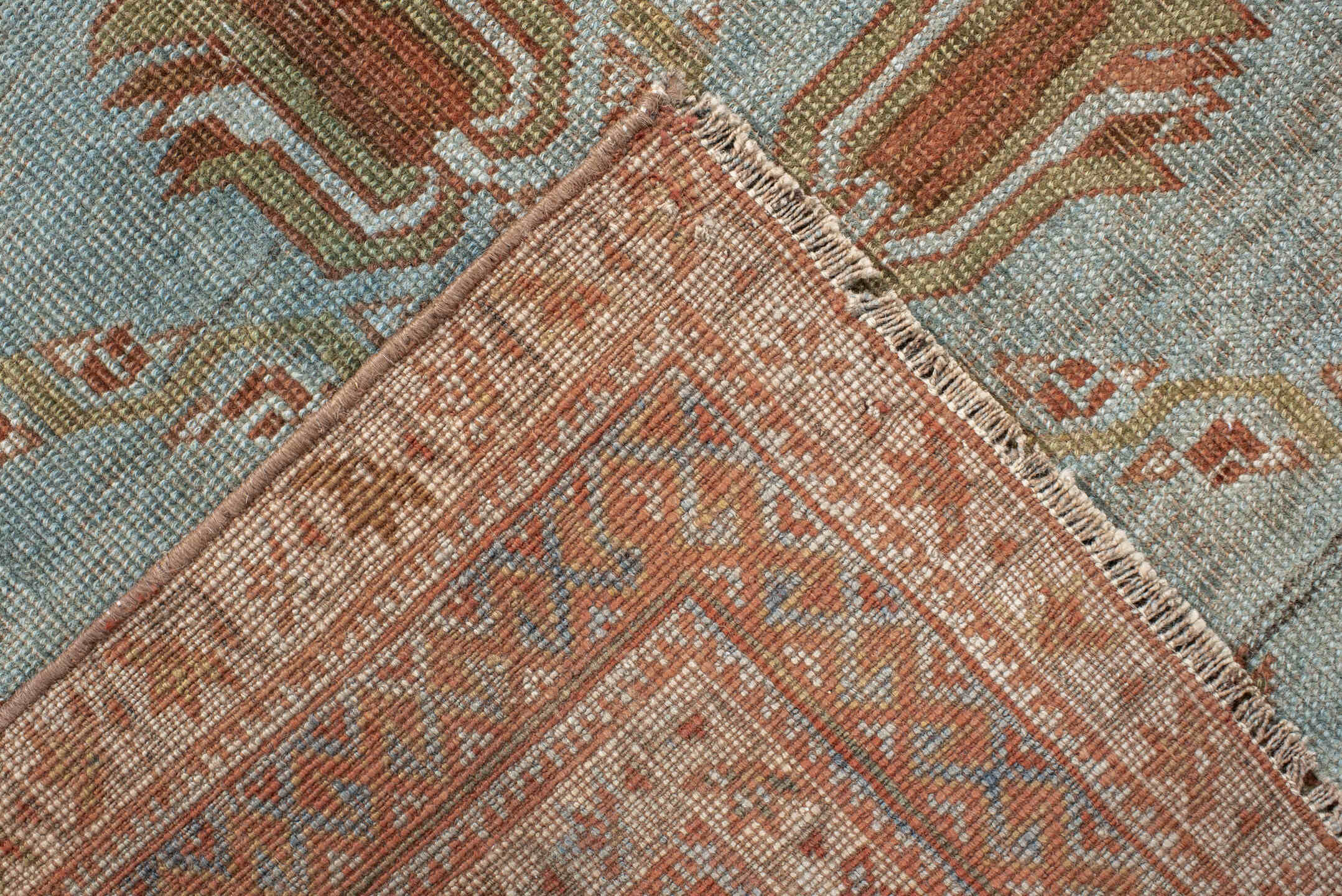 4' x 5' one-of-a-kind handmade vintage Afshar small size rug. Color palette: light blue, terra cotta, ivory, camel, taupe