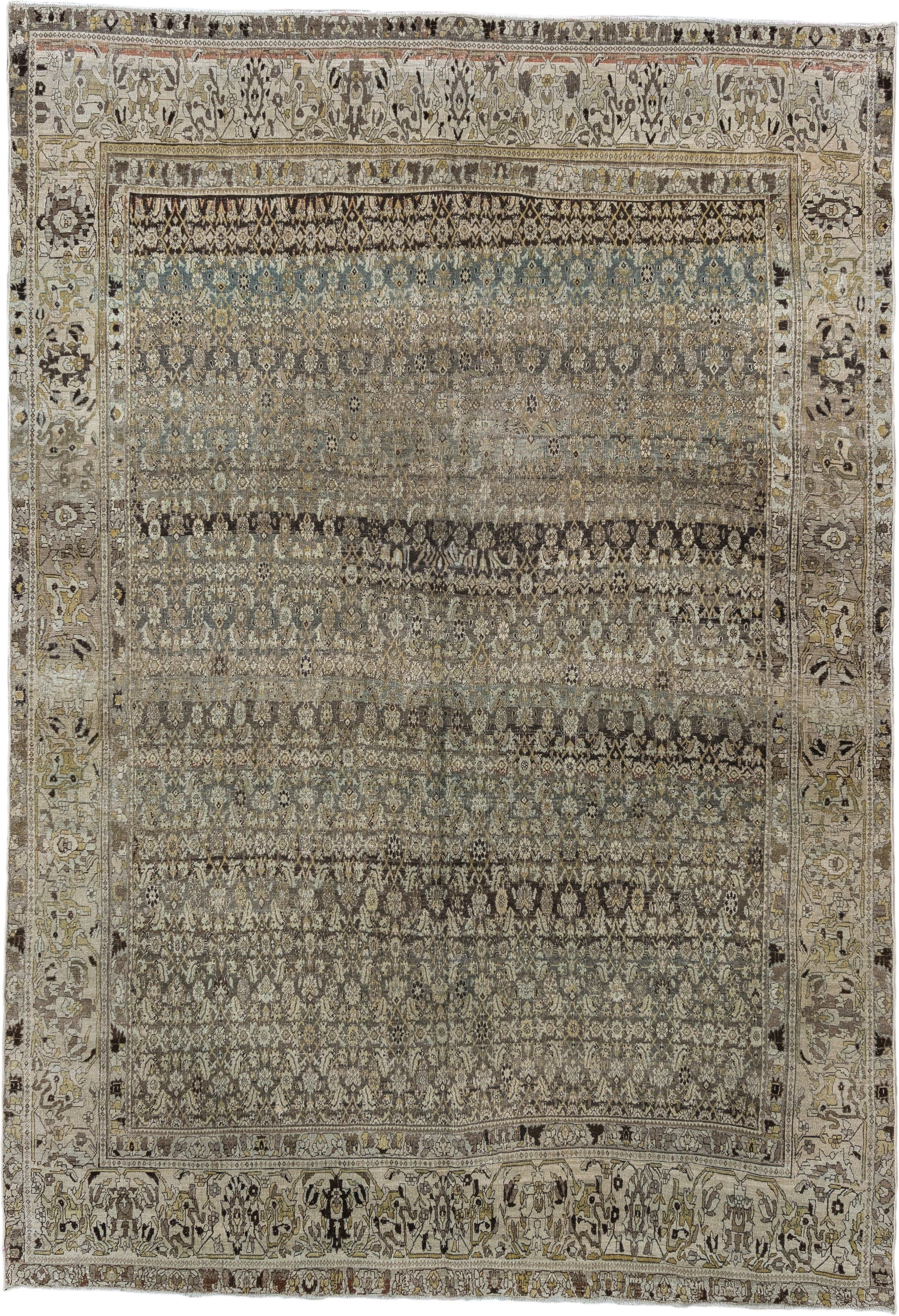 7' x 11' one-of-a-kind handmade vintage Bidjar large size rug. Color palette: taupe, ivory, charcoal, slate, gold, sage