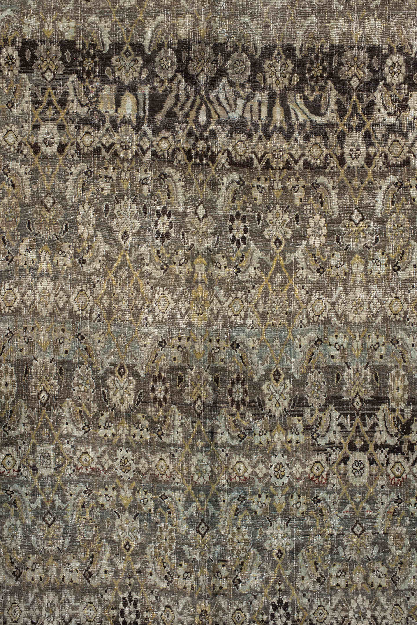 7' x 11' one-of-a-kind handmade vintage Bidjar large size rug. Color palette: taupe, ivory, charcoal, slate, gold, sage
