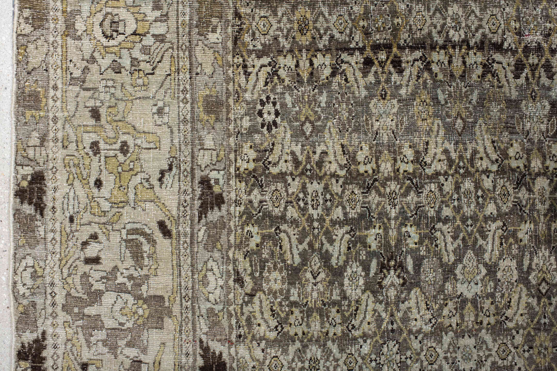 7' x 11' one-of-a-kind handmade vintage Bidjar large size rug. Color palette: taupe, ivory, charcoal, slate, gold, sage