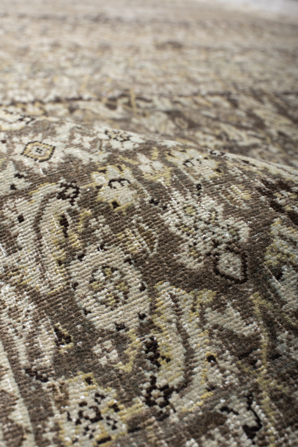 7' x 11' one-of-a-kind handmade vintage Bidjar large size rug. Color palette: taupe, ivory, charcoal, slate, gold, sage